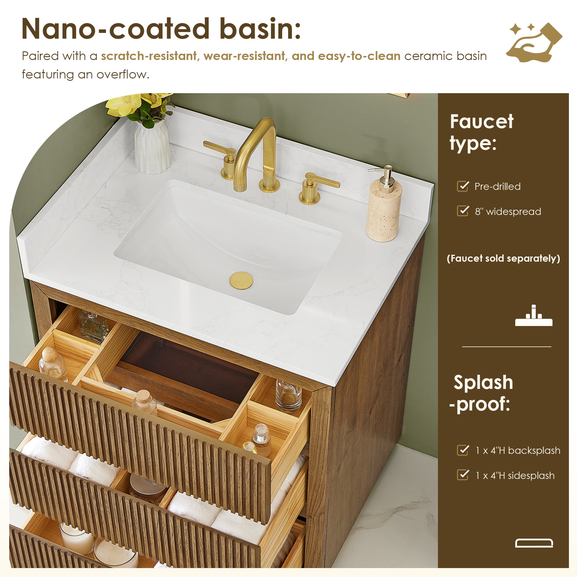 Navan Bathroom Vanity in Weathered Brown with Grain White Engineered Stone Countertop No Mirror