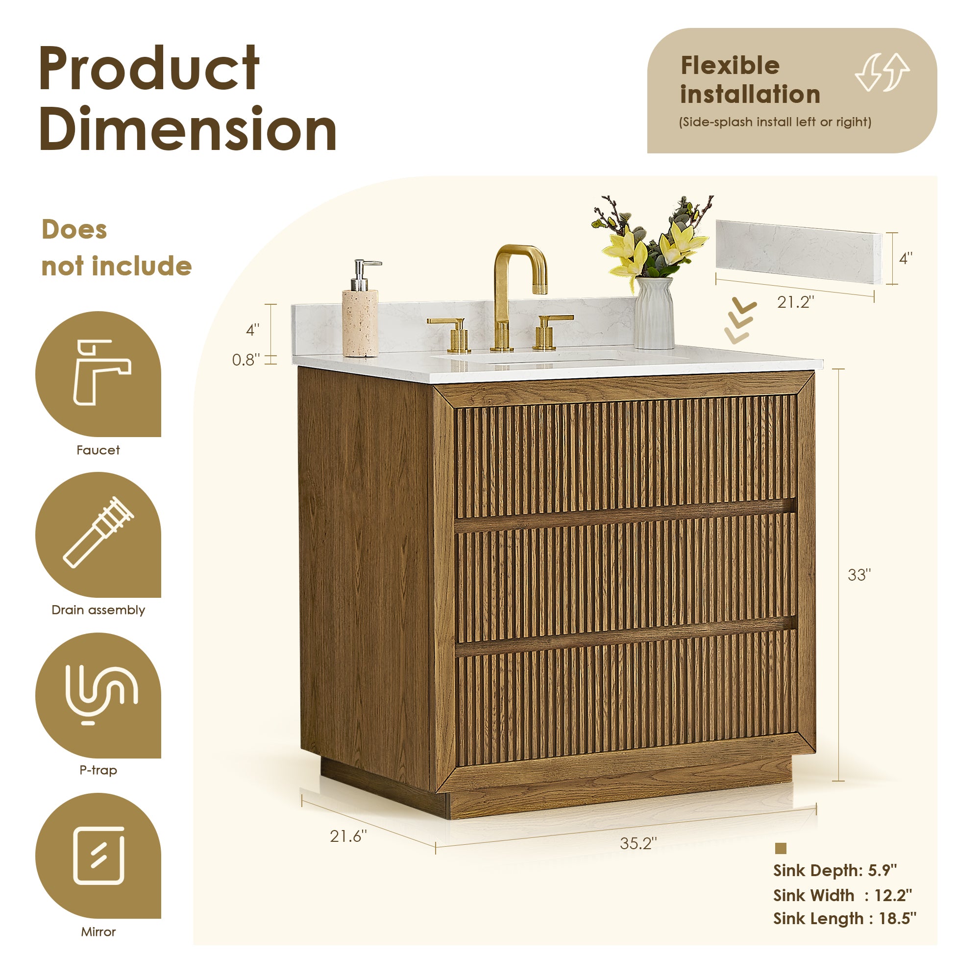 Navan Bathroom Vanity in Weathered Brown with Grain White Engineered Stone Countertop No Mirror