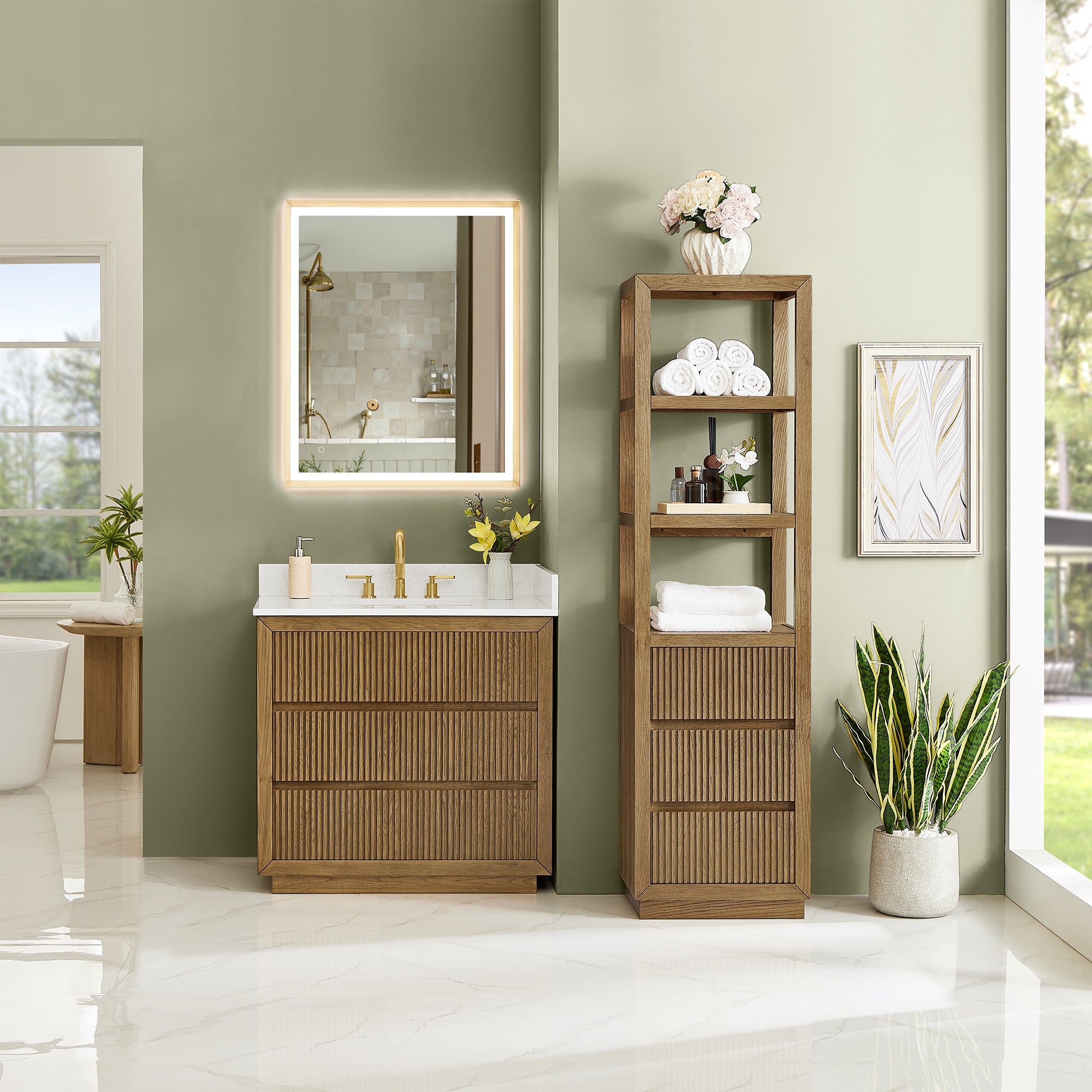 Navan Bathroom Vanity in Weathered Brown with Grain White Engineered Stone Countertop No Mirror