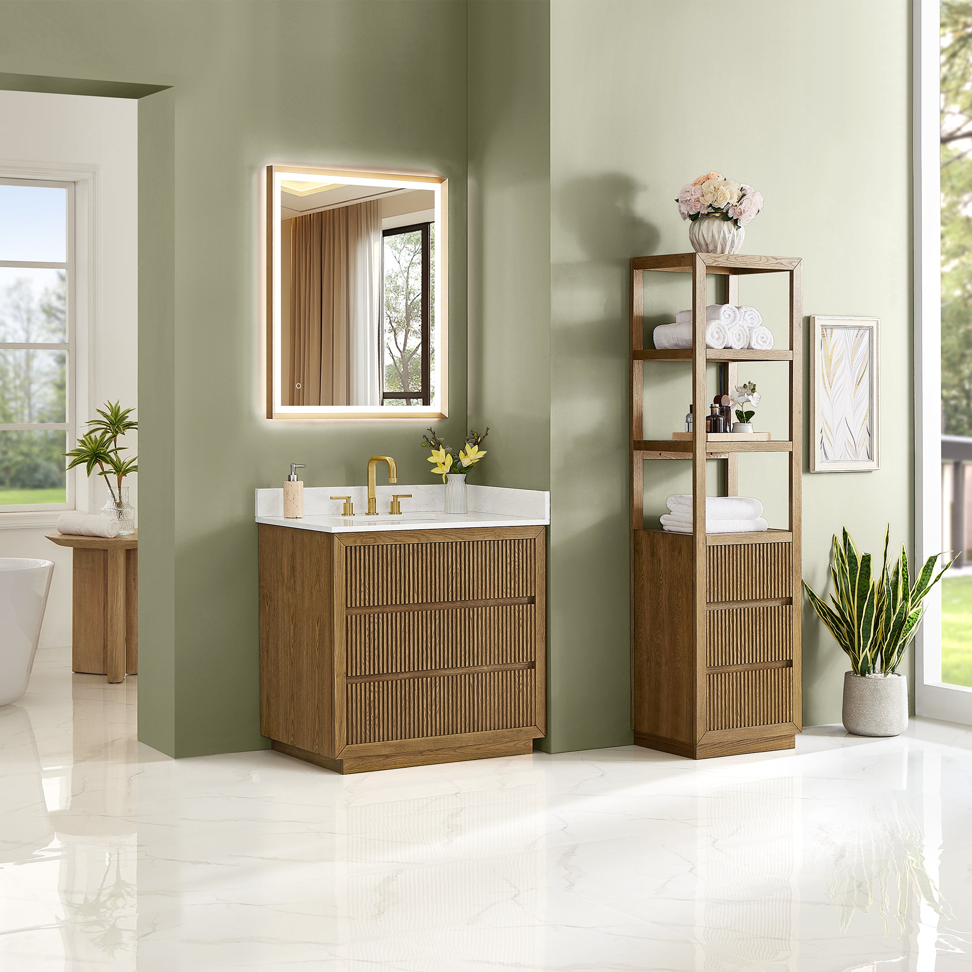 Navan Bathroom Vanity in Weathered Brown with Grain White Engineered Stone Countertop No Mirror