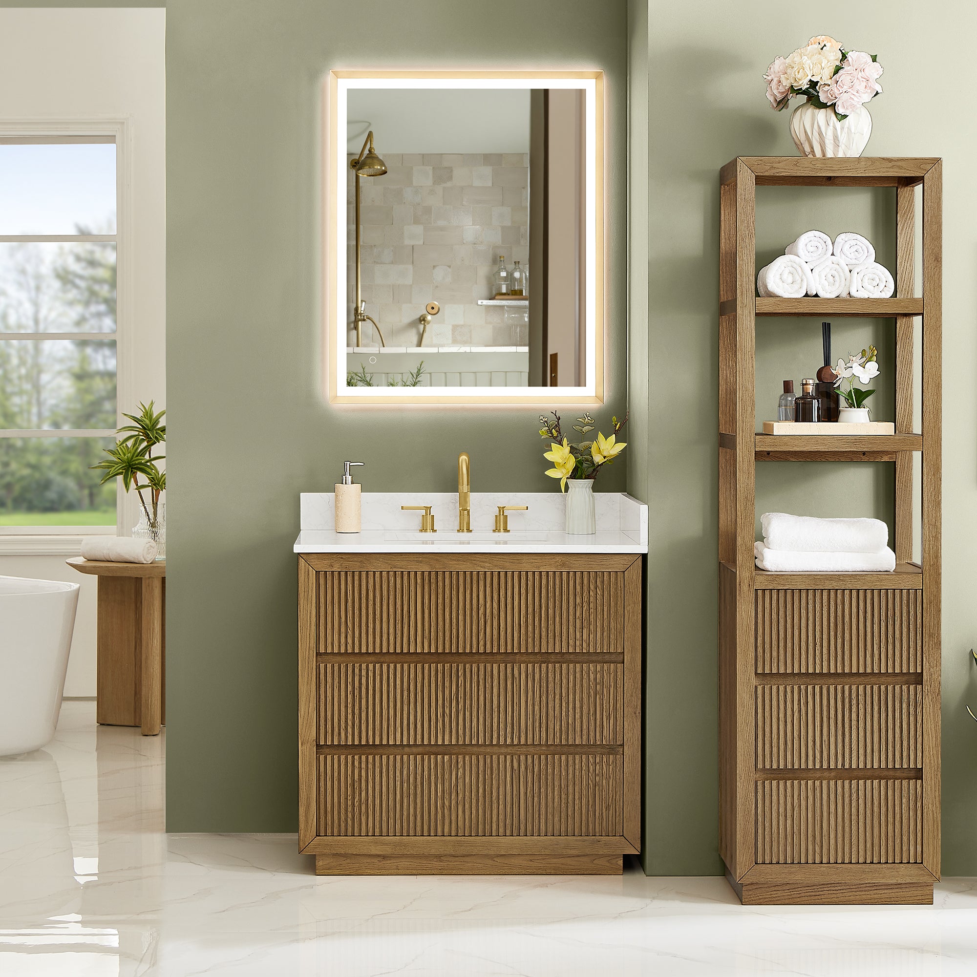 Navan Bathroom Vanity in Weathered Brown with Grain White Engineered Stone Countertop No Mirror