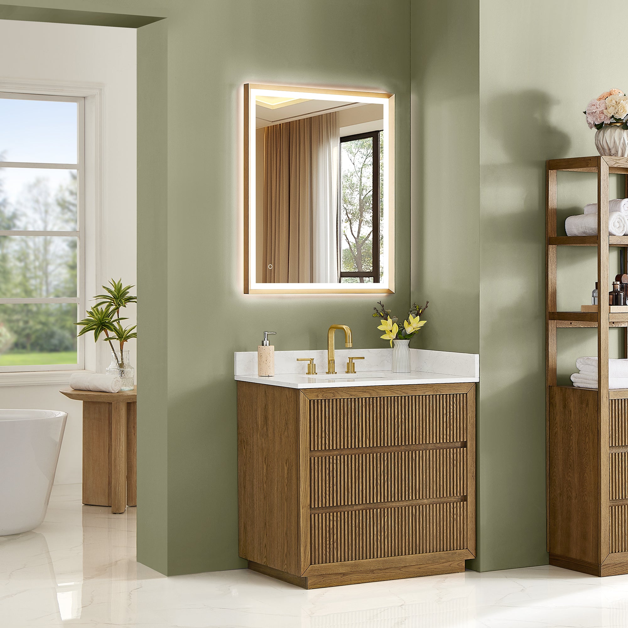 Navan Bathroom Vanity in Weathered Brown with Grain White Engineered Stone Countertop No Mirror