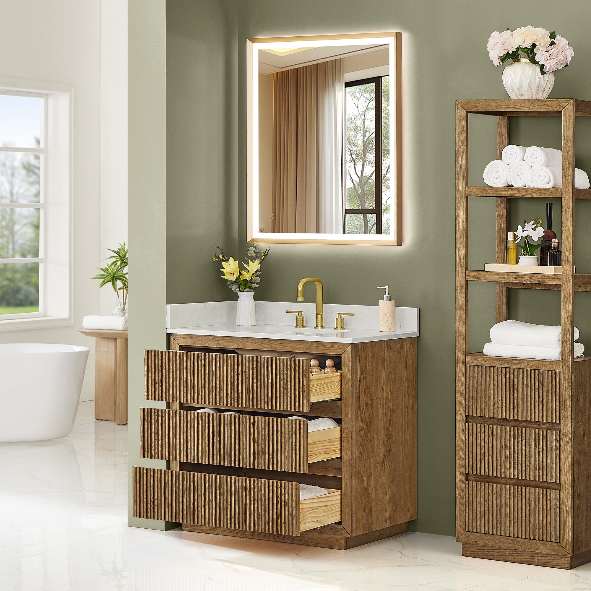 Navan Bathroom Vanity in Weathered Brown with Grain White Engineered Stone Countertop No Mirror