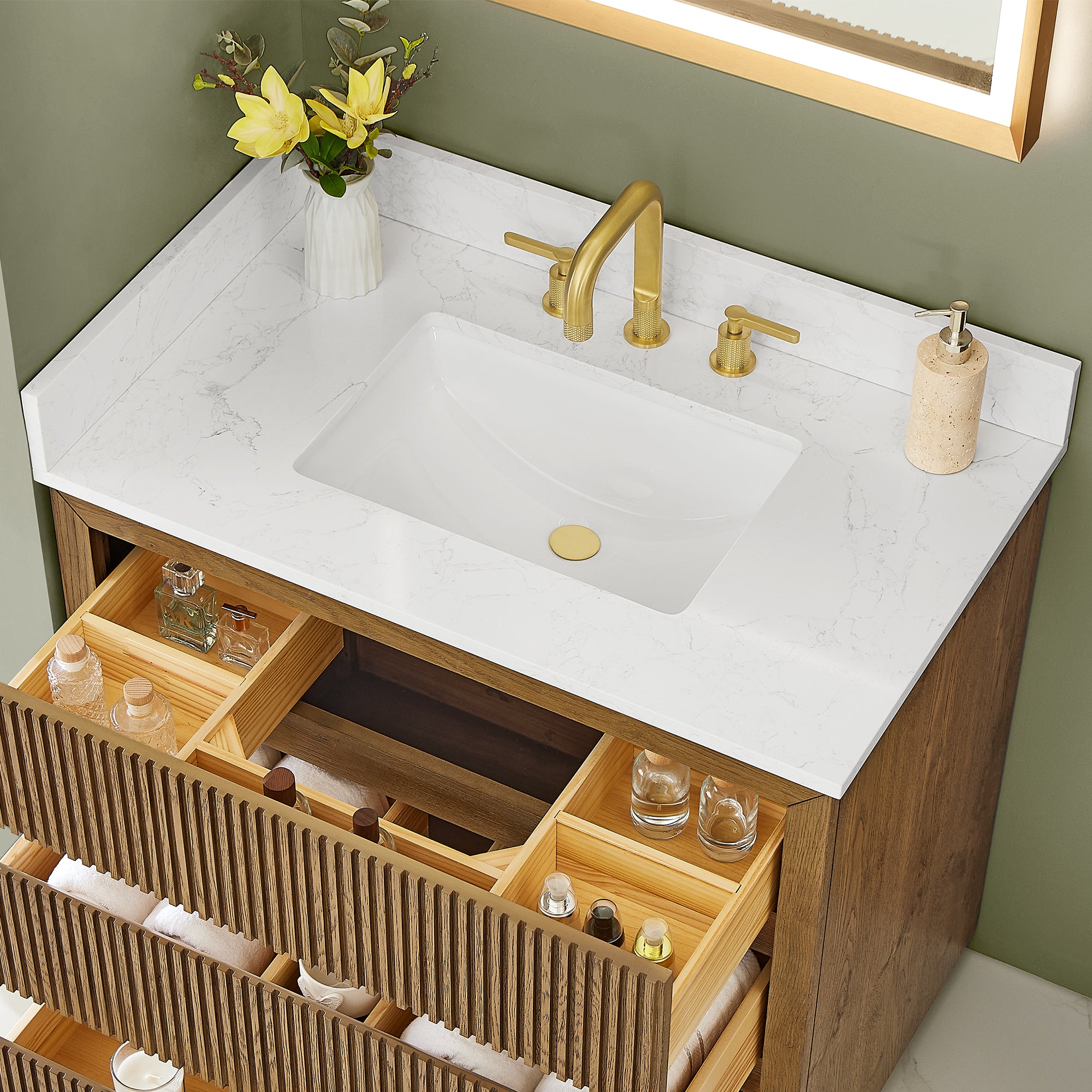 Navan Bathroom Vanity in Weathered Brown with Grain White Engineered Stone Countertop No Mirror