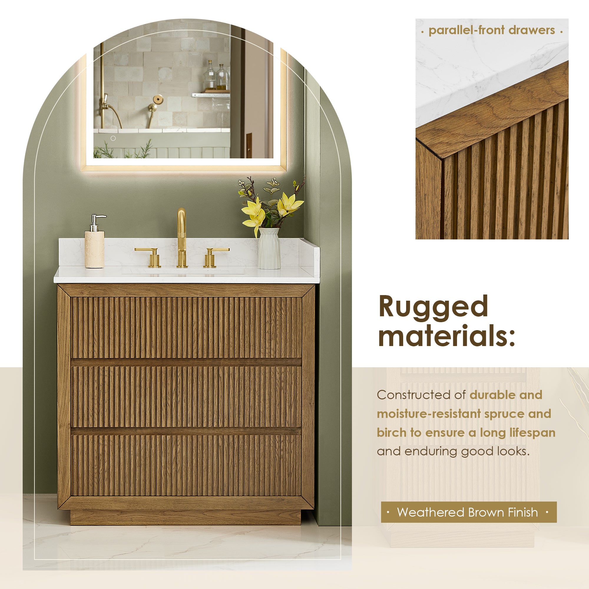 Navan Bathroom Vanity in Weathered Brown with Grain White Engineered Stone Countertop No Mirror