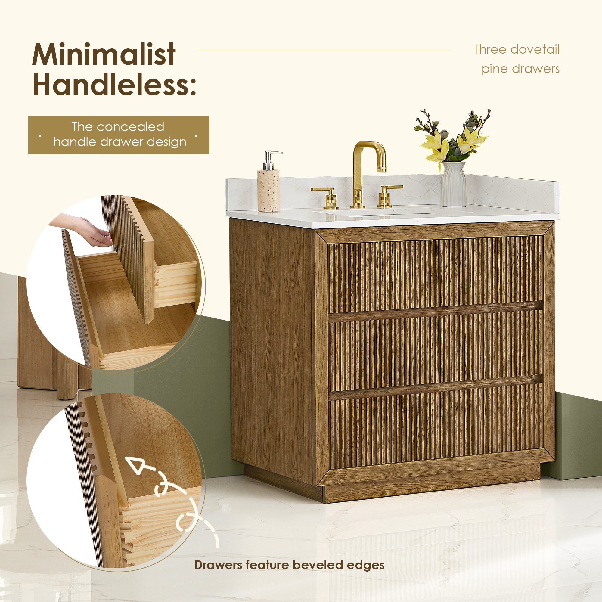Navan Bathroom Vanity in Weathered Brown with Grain White Engineered Stone Countertop No Mirror