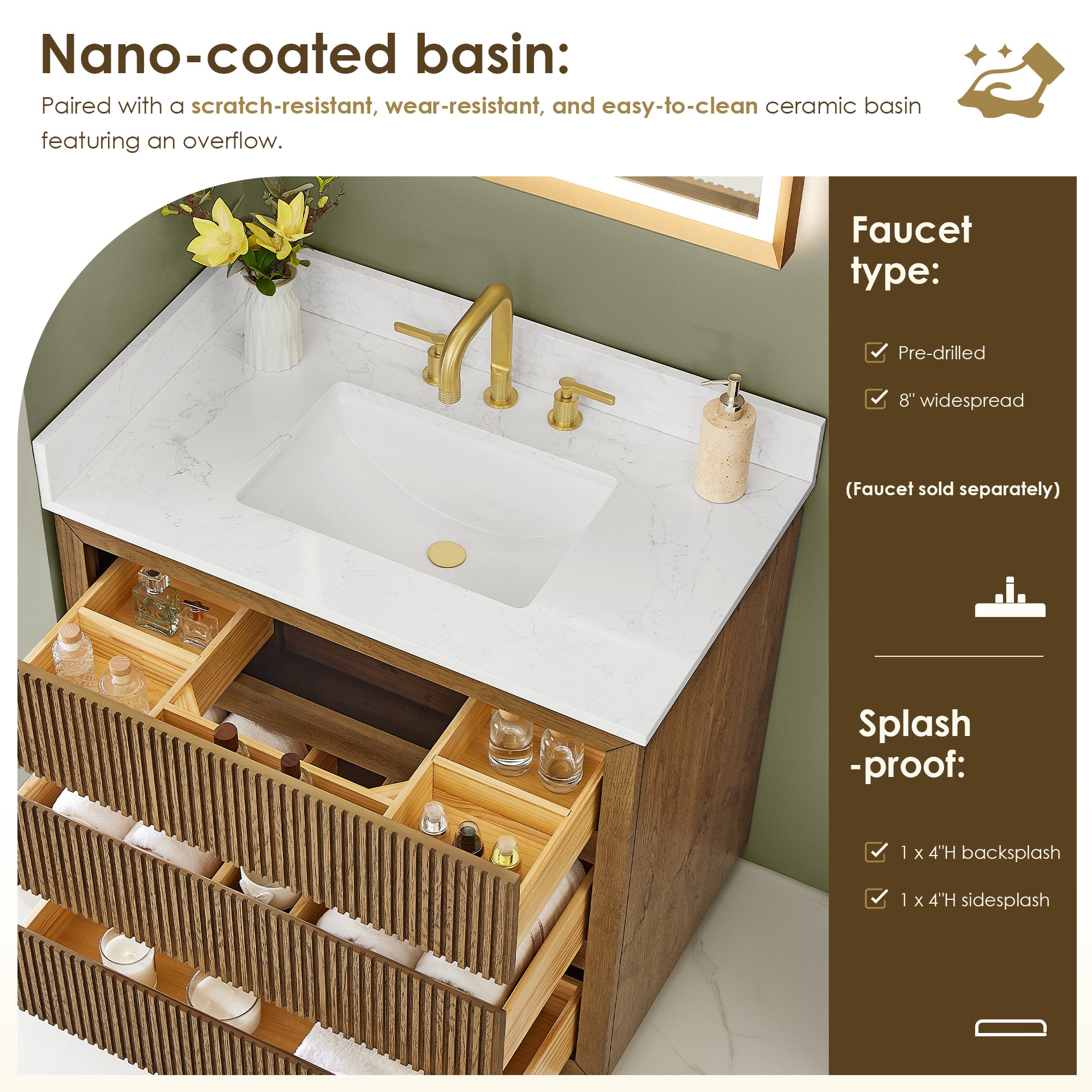 Navan Bathroom Vanity in Weathered Brown with Grain White Engineered Stone Countertop No Mirror