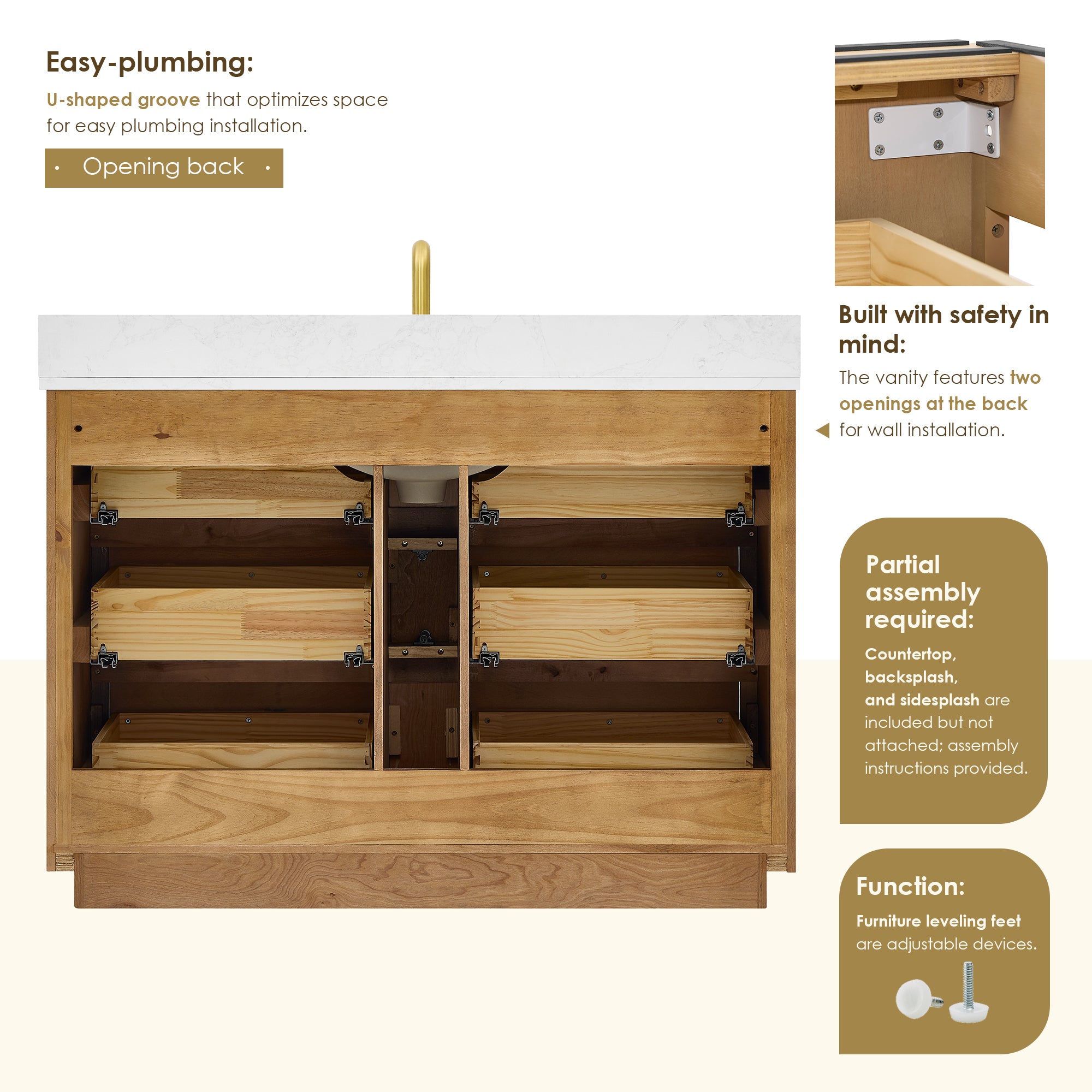 Navan Bathroom Vanity in Weathered Brown with Grain White Engineered Stone Countertop No Mirror