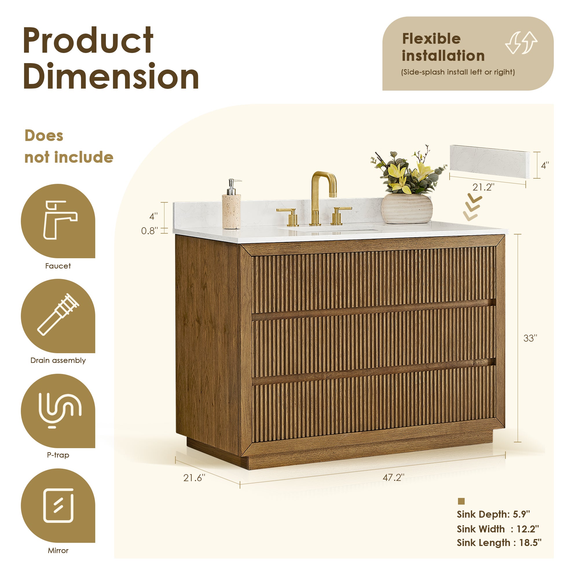 Navan Bathroom Vanity in Weathered Brown with Grain White Engineered Stone Countertop No Mirror