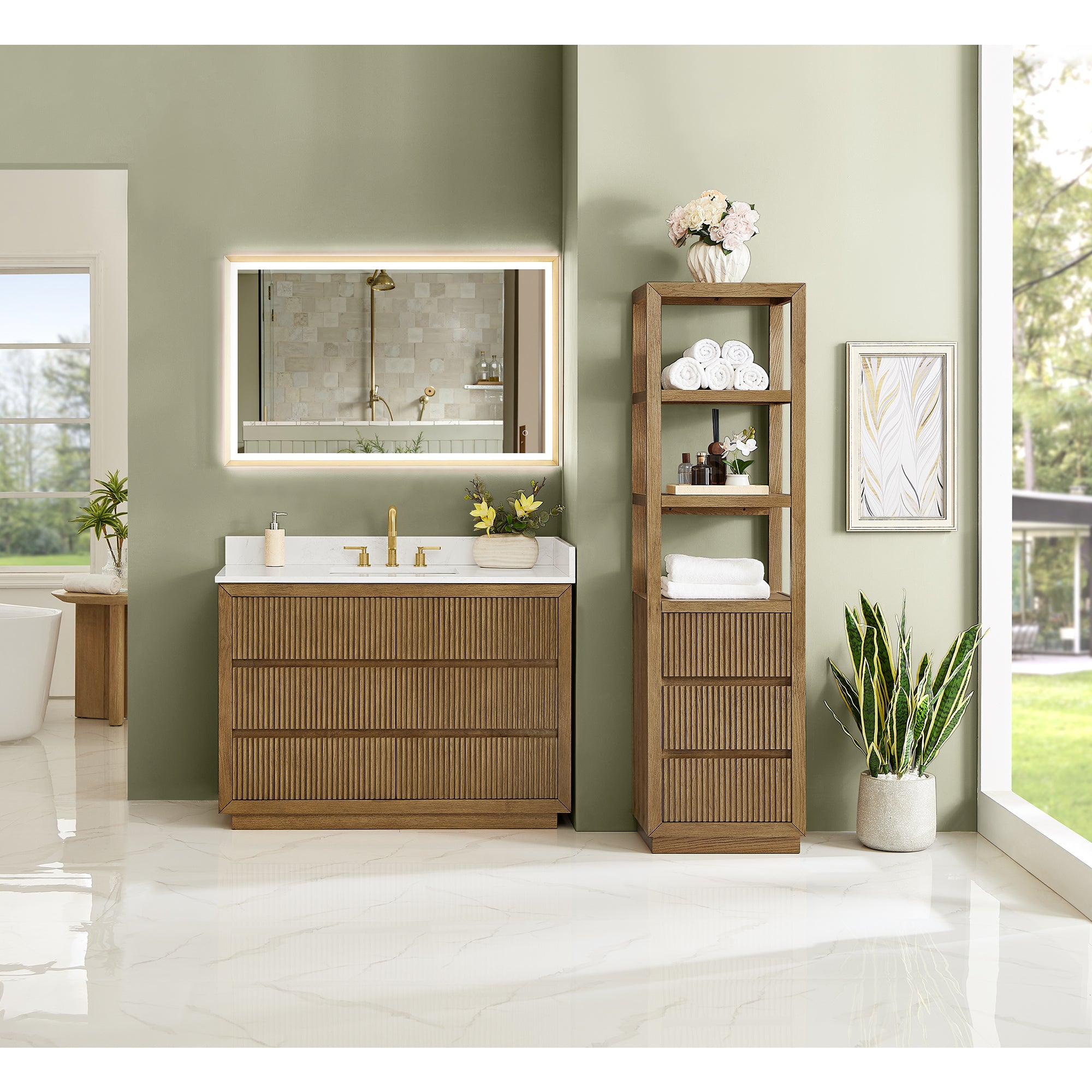 Navan Bathroom Vanity in Weathered Brown with Grain White Engineered Stone Countertop No Mirror