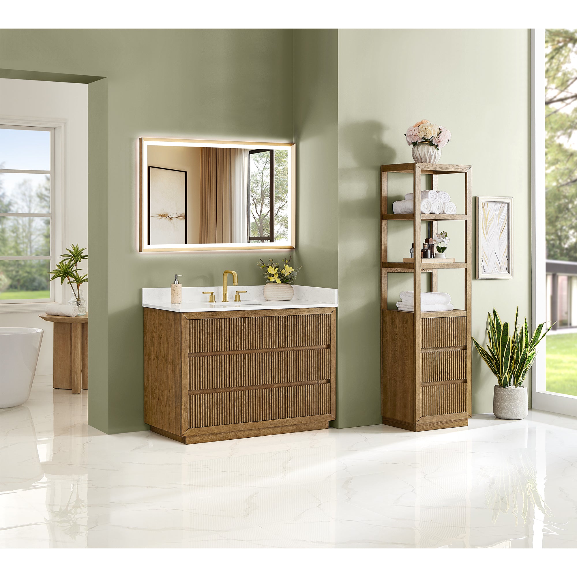 Navan Bathroom Vanity in Weathered Brown with Grain White Engineered Stone Countertop No Mirror