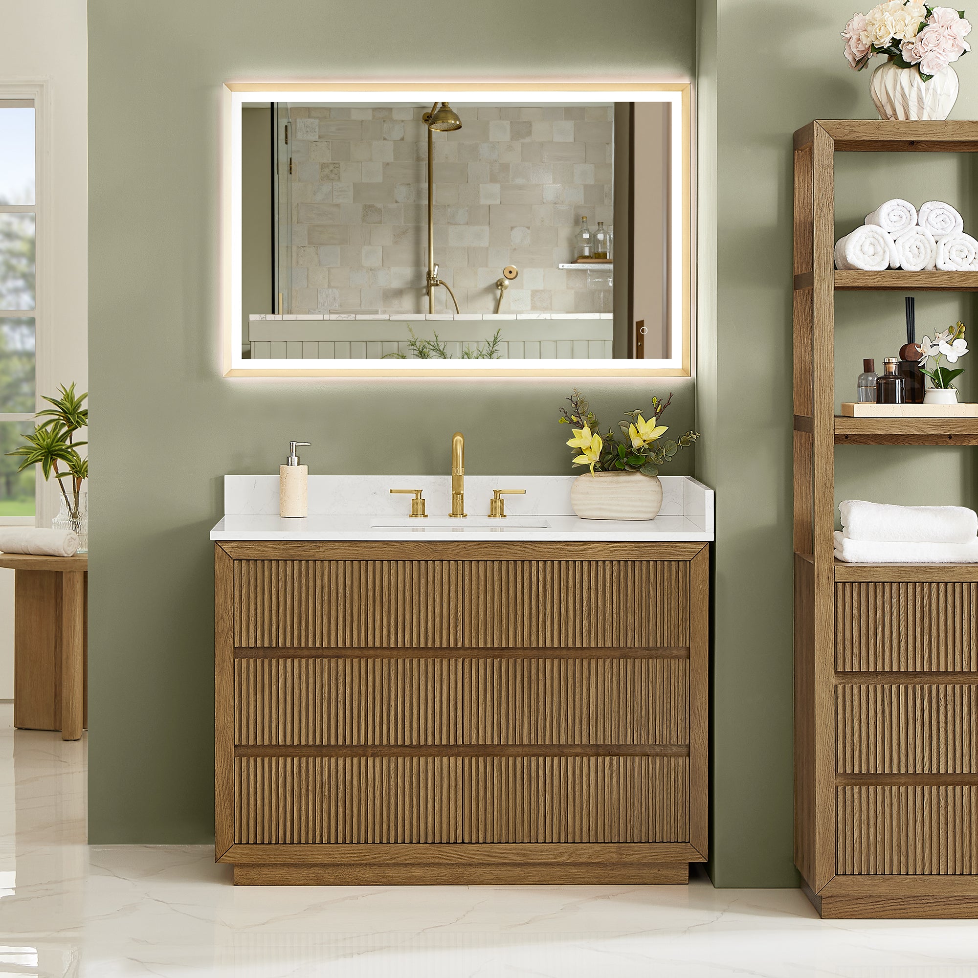 Navan Bathroom Vanity in Weathered Brown with Grain White Engineered Stone Countertop No Mirror