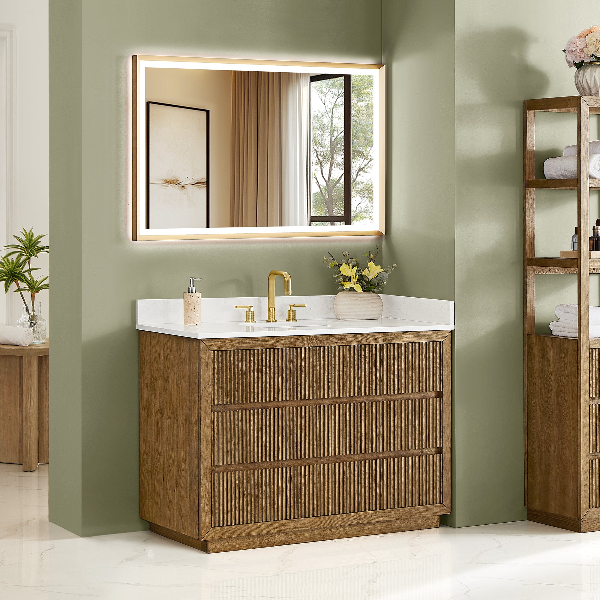 Navan Bathroom Vanity in Weathered Brown with Grain White Engineered Stone Countertop No Mirror