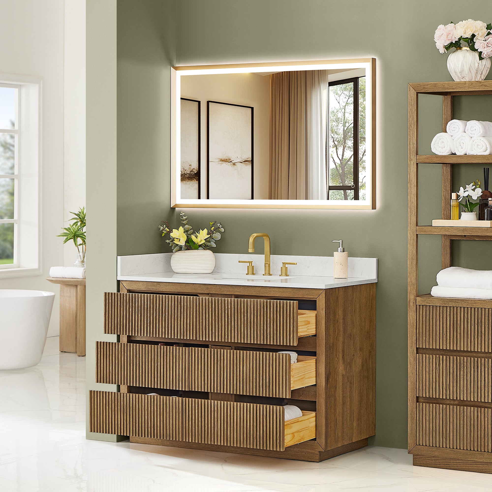 Navan Bathroom Vanity in Weathered Brown with Grain White Engineered Stone Countertop No Mirror