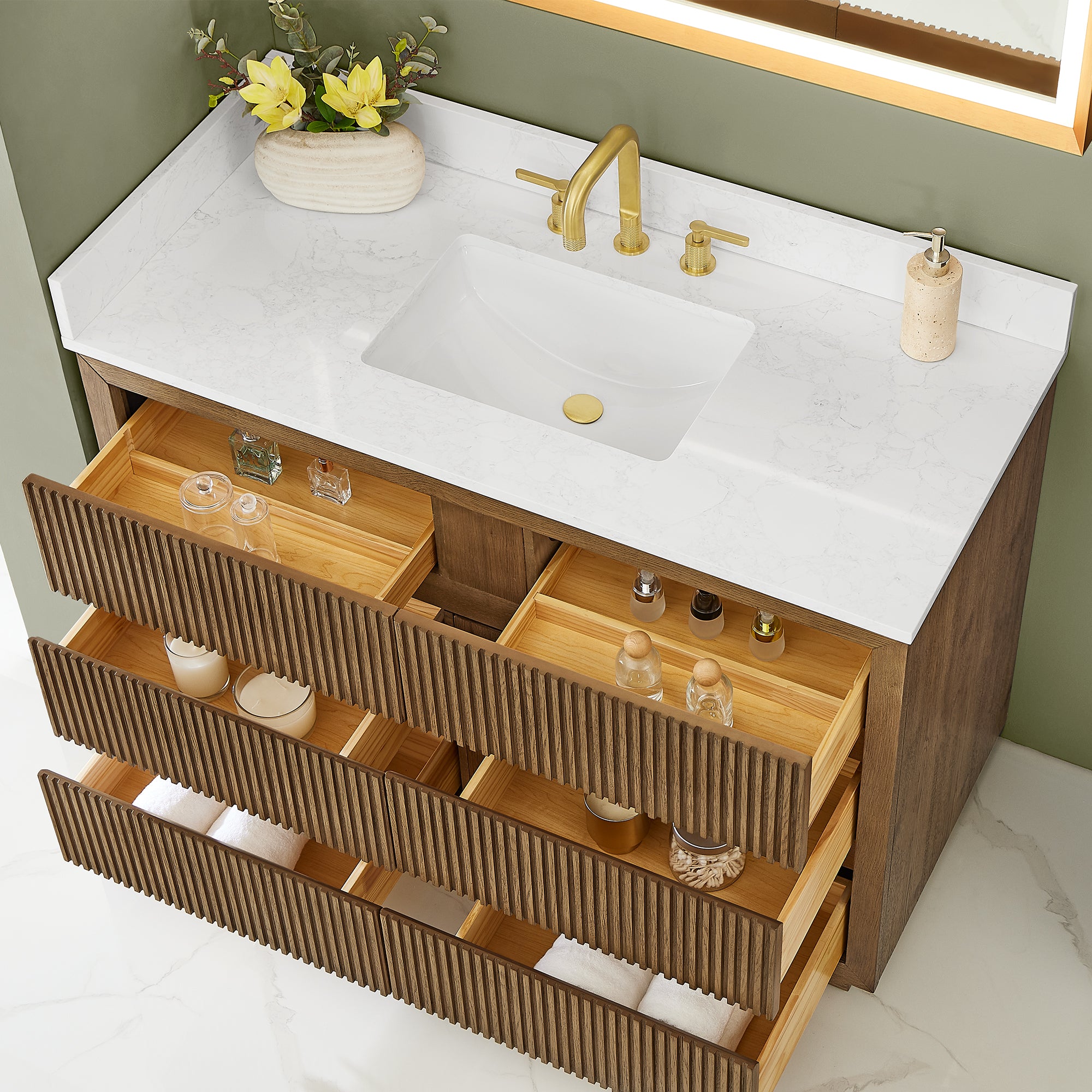 Navan Bathroom Vanity in Weathered Brown with Grain White Engineered Stone Countertop No Mirror