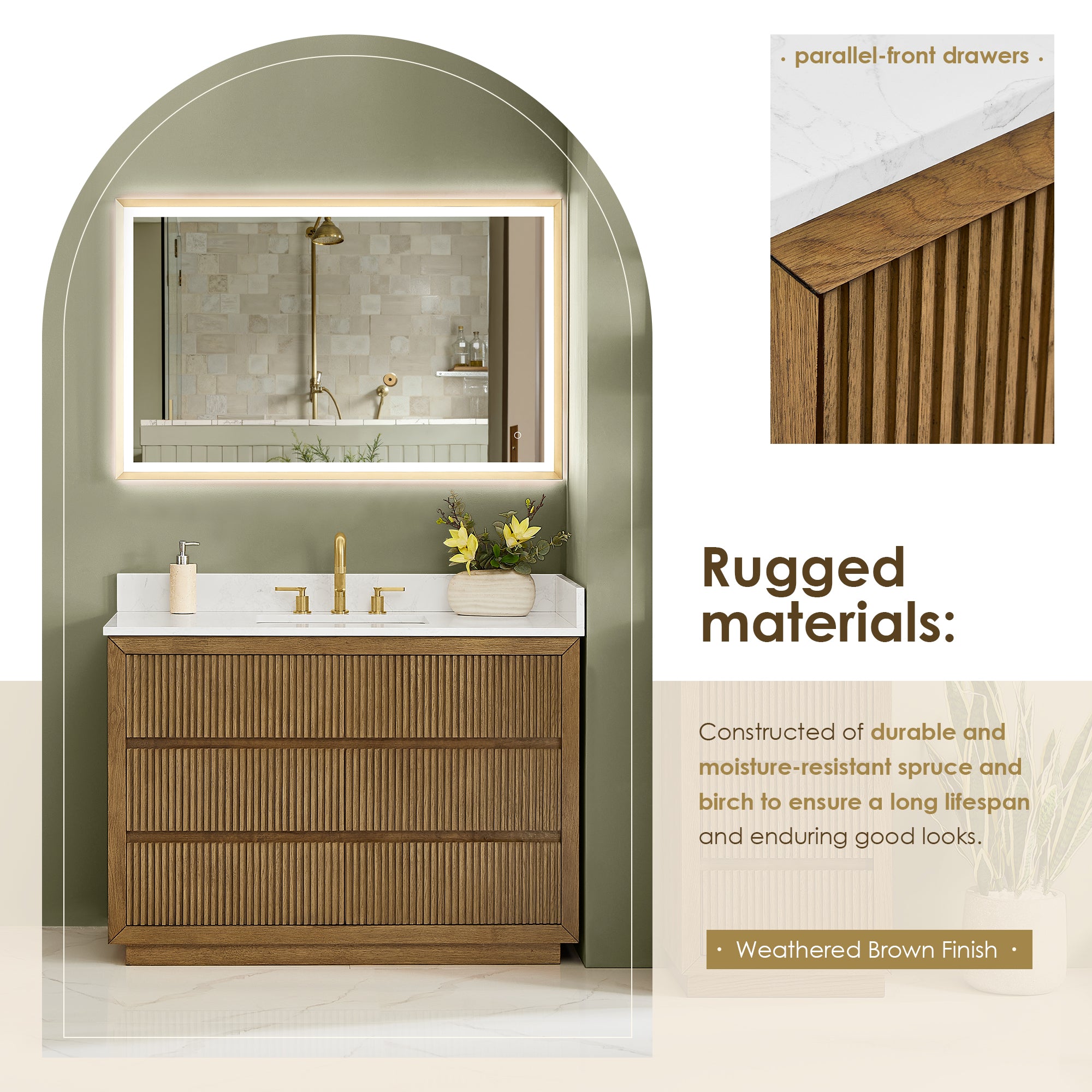 Navan Bathroom Vanity in Weathered Brown with Grain White Engineered Stone Countertop No Mirror