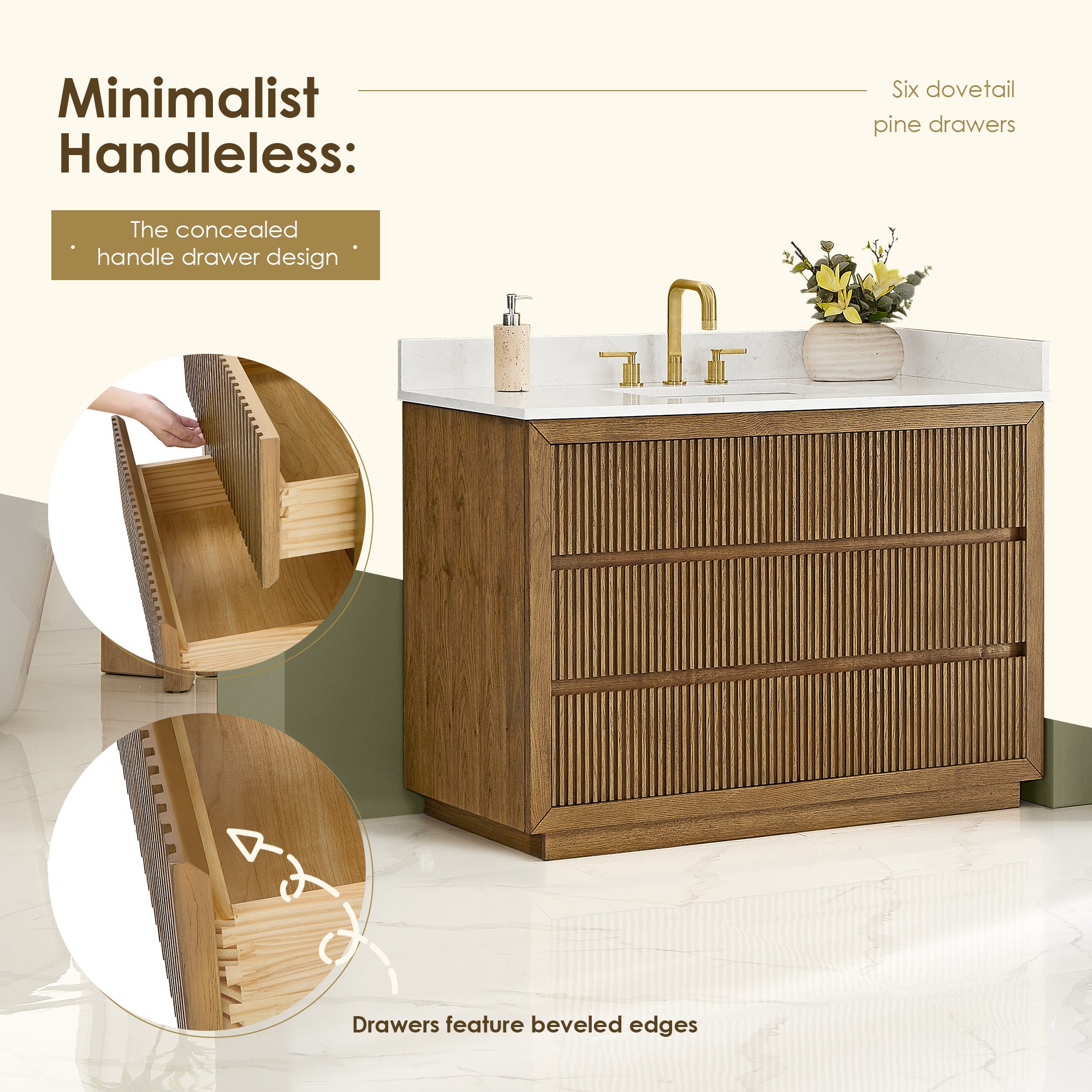 Navan Bathroom Vanity in Weathered Brown with Grain White Engineered Stone Countertop No Mirror
