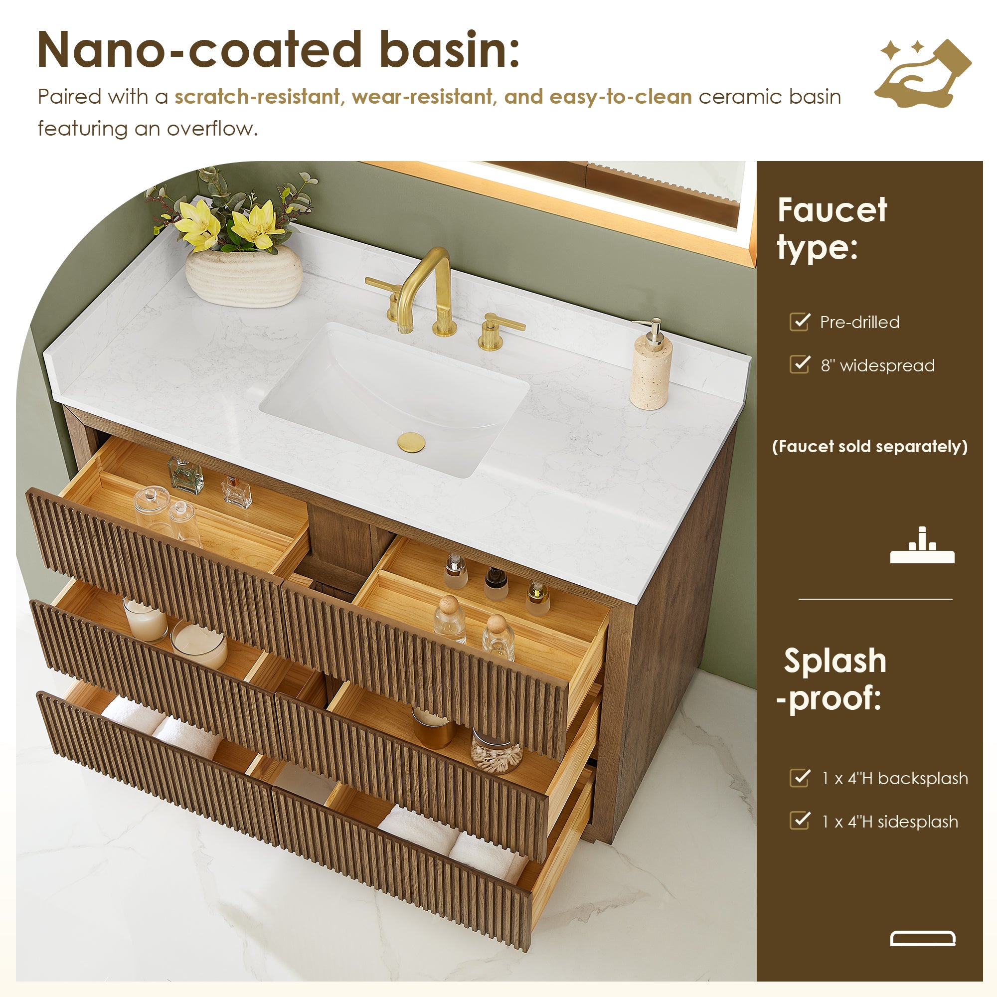 Navan Bathroom Vanity in Weathered Brown with Grain White Engineered Stone Countertop No Mirror