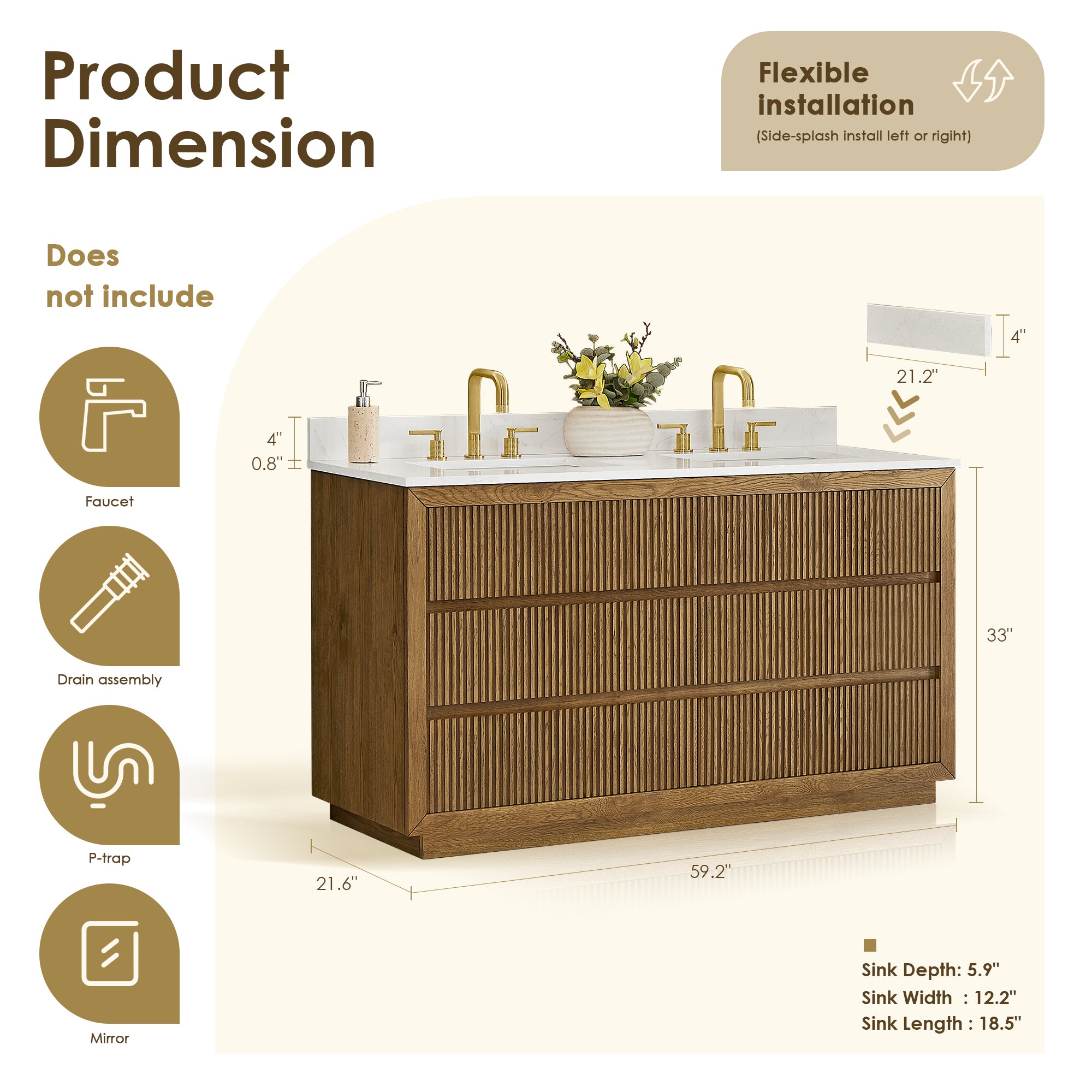 Navan Bathroom Vanity in Weathered Brown with Grain White Engineered Stone Countertop No Mirror