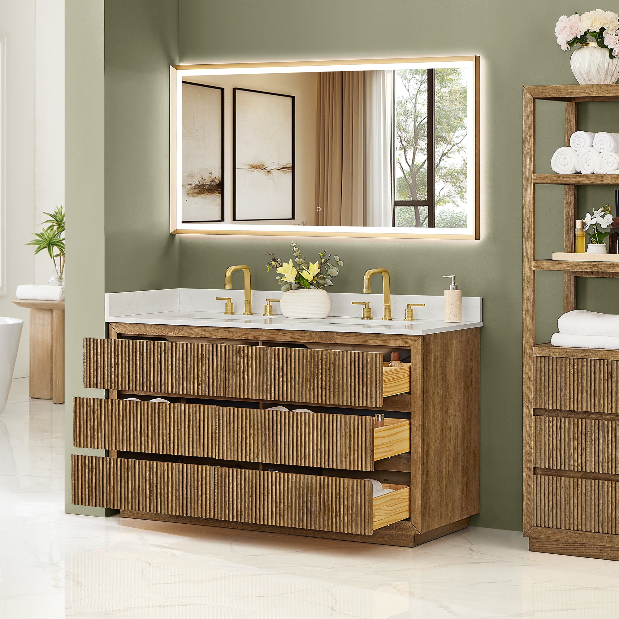 Navan Bathroom Vanity in Weathered Brown with Grain White Engineered Stone Countertop No Mirror