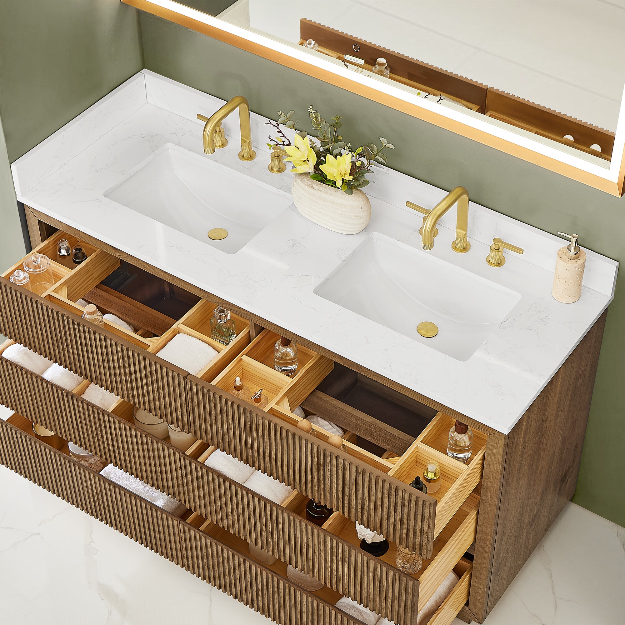 Navan Bathroom Vanity in Weathered Brown with Grain White Engineered Stone Countertop No Mirror