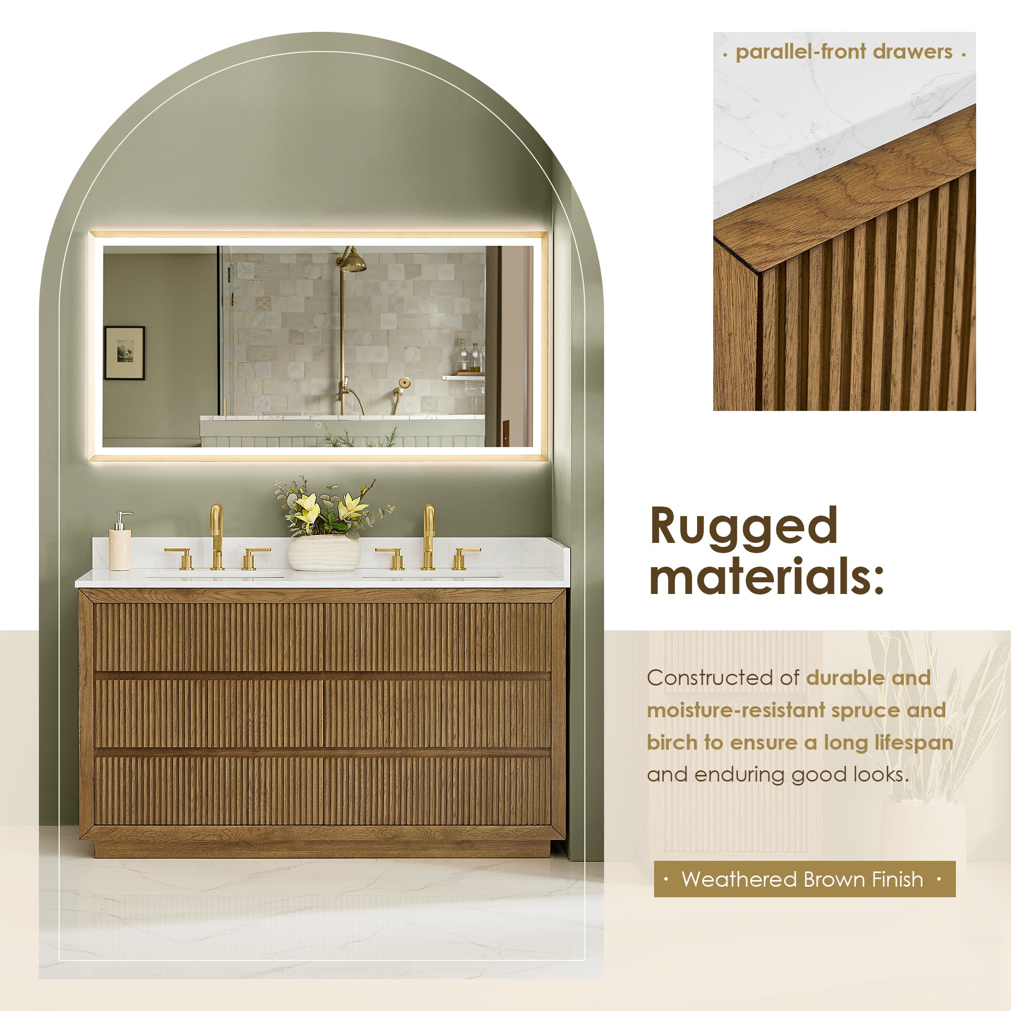 Navan Bathroom Vanity in Weathered Brown with Grain White Engineered Stone Countertop No Mirror
