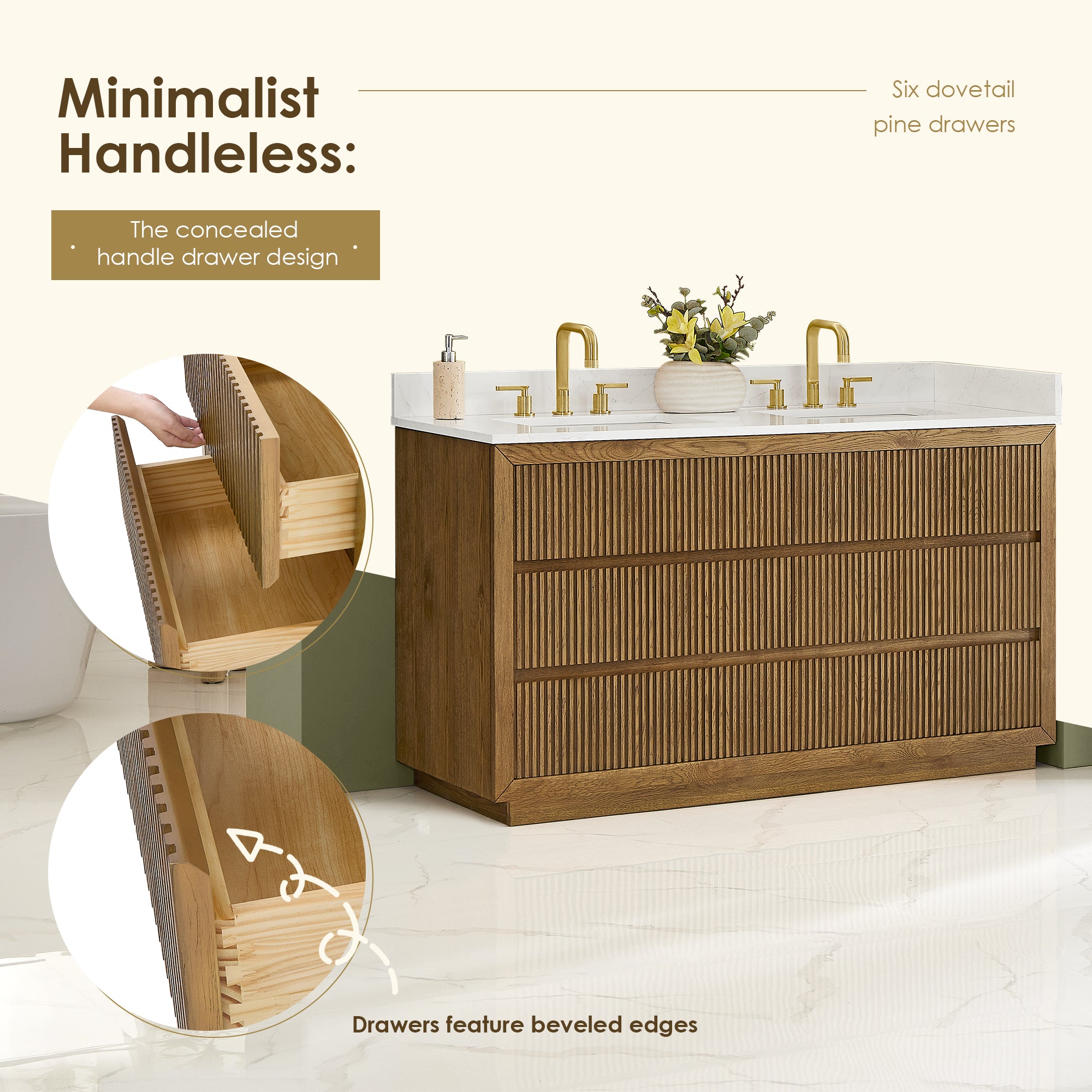 Navan Bathroom Vanity in Weathered Brown with Grain White Engineered Stone Countertop No Mirror