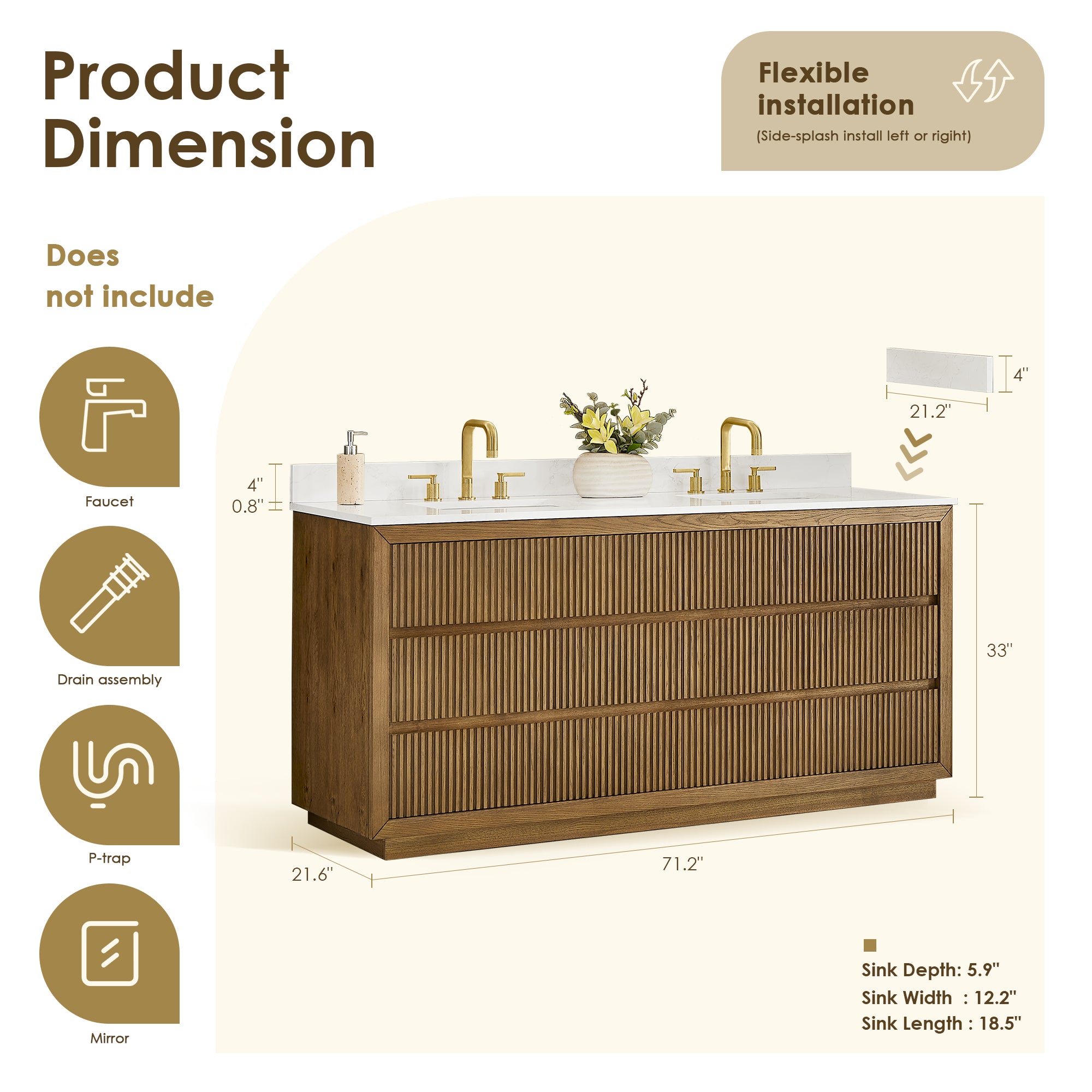 Navan Bathroom Vanity in Weathered Brown with Grain White Engineered Stone Countertop No Mirror