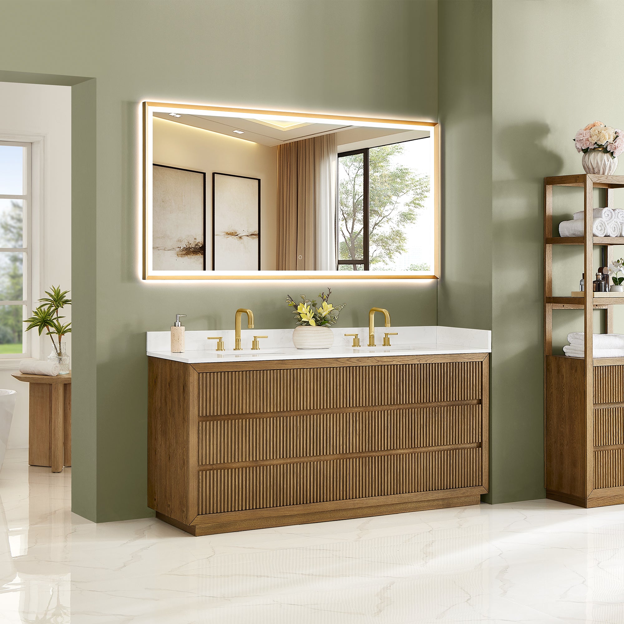 Navan Bathroom Vanity in Weathered Brown with Grain White Engineered Stone Countertop No Mirror