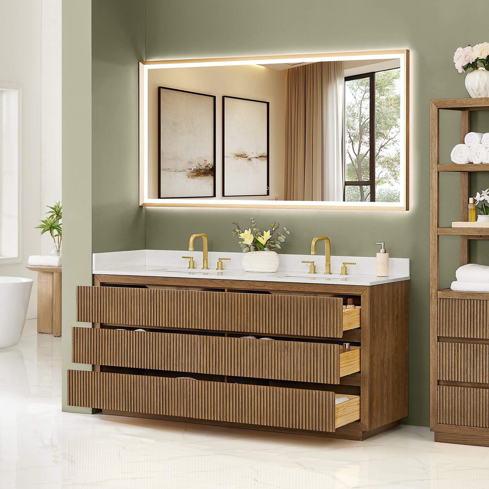 Navan Bathroom Vanity in Weathered Brown with Grain White Engineered Stone Countertop No Mirror