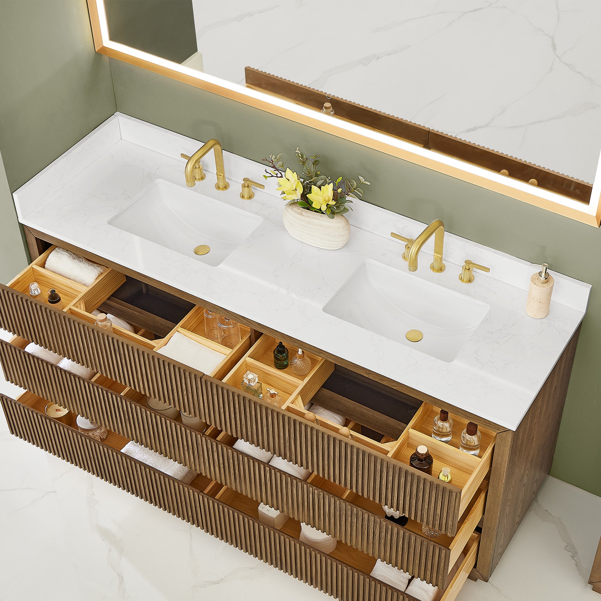 Navan Bathroom Vanity in Weathered Brown with Grain White Engineered Stone Countertop No Mirror