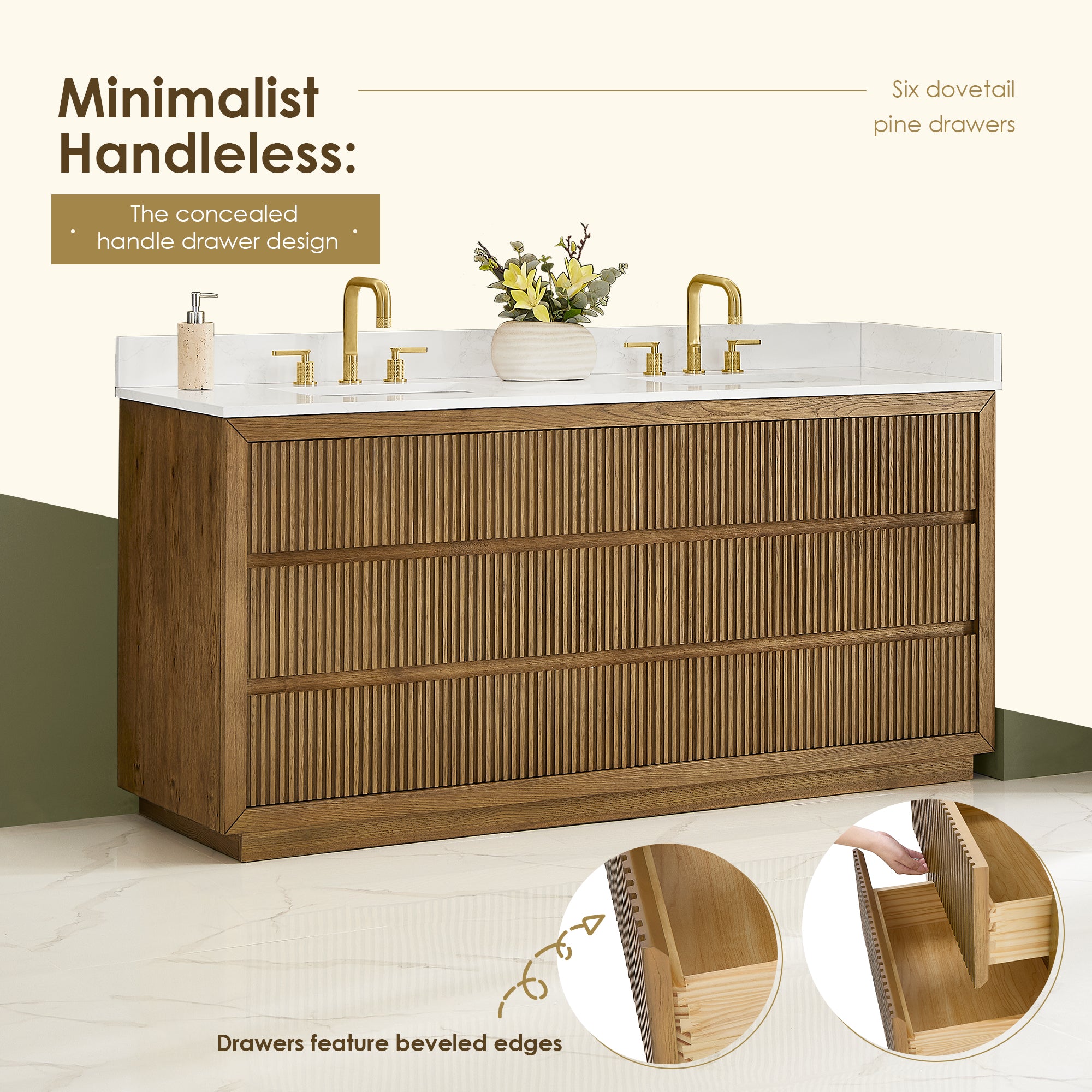 Navan Bathroom Vanity in Weathered Brown with Grain White Engineered Stone Countertop No Mirror