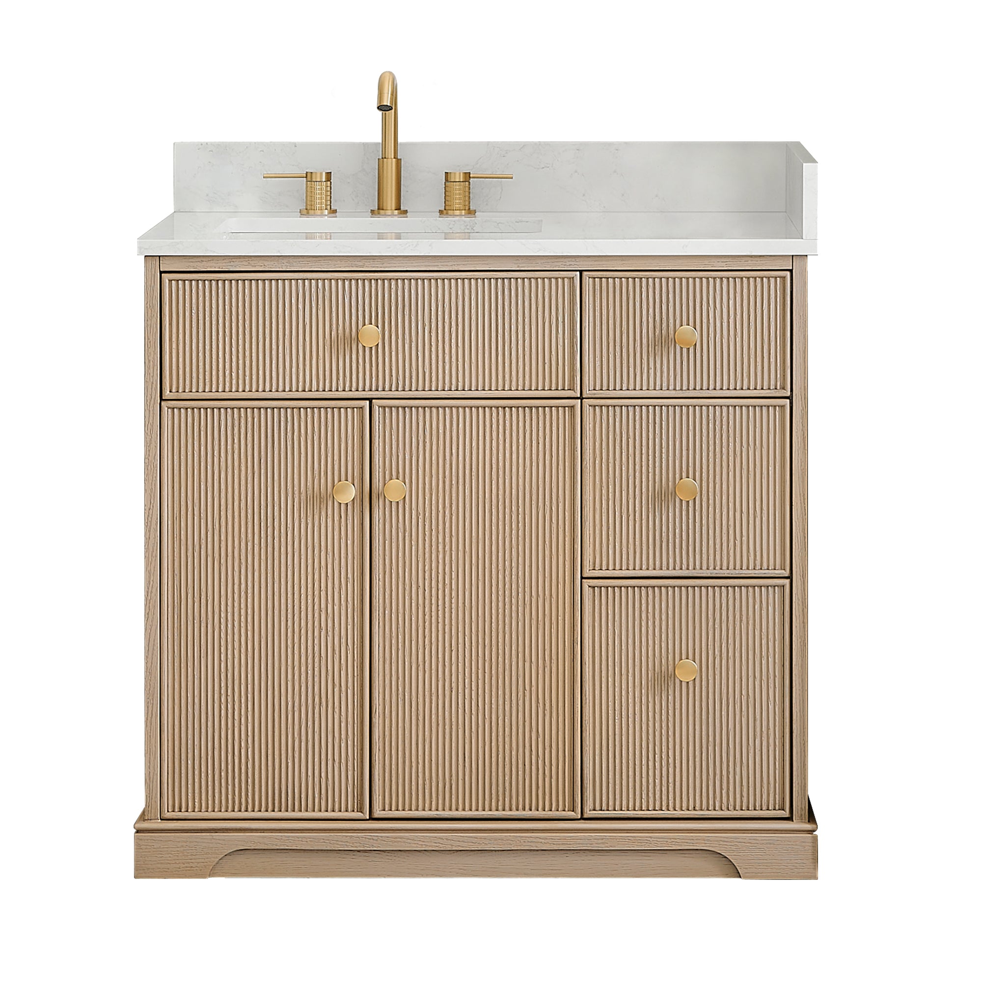 Barnett Bathroom Vanity in Natural Oak with Grain White Engineered Stone Countertop No Mirror