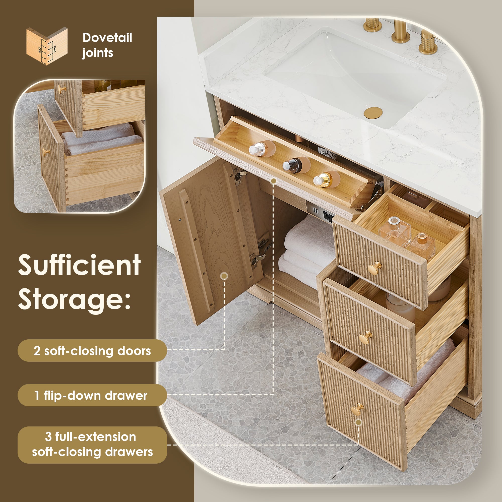 Barnett Bathroom Vanity in Natural Oak with Grain White Engineered Stone Countertop No Mirror