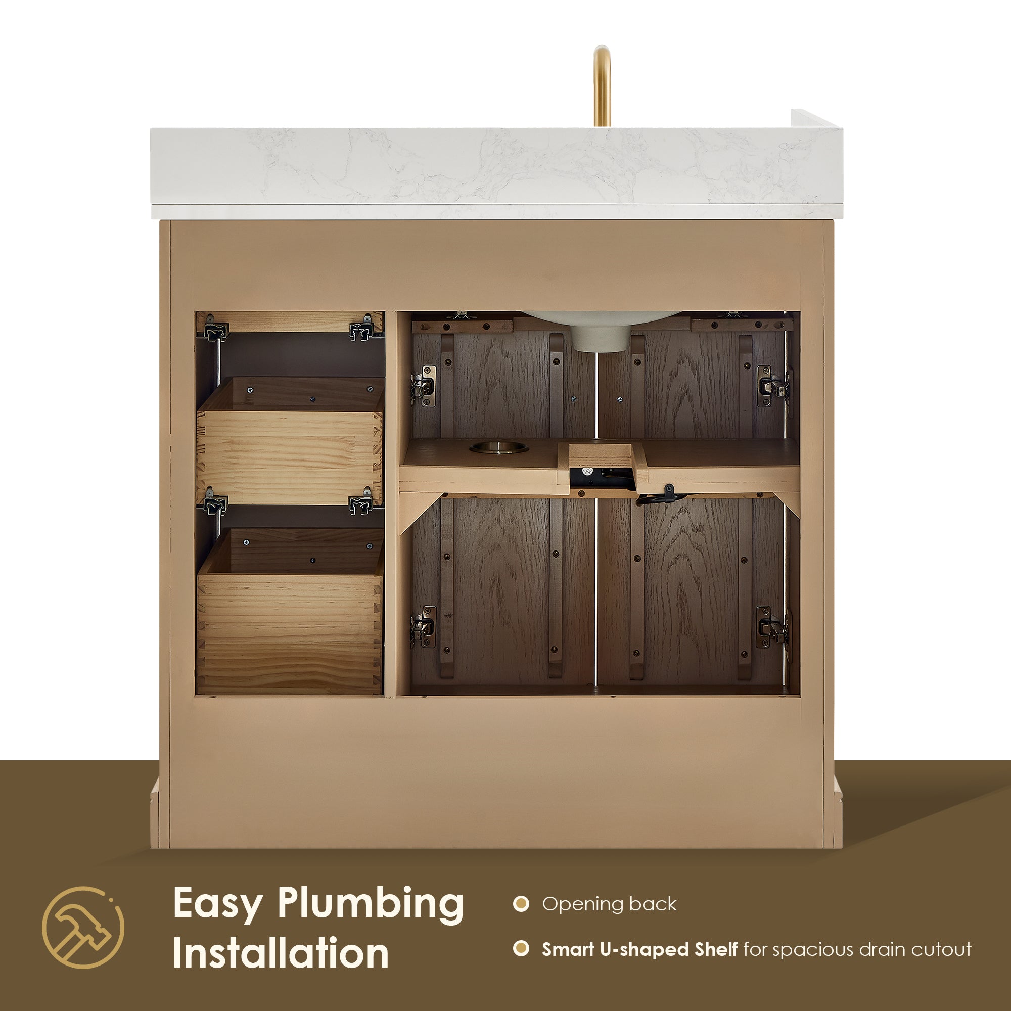 Barnett Bathroom Vanity in Natural Oak with Grain White Engineered Stone Countertop No Mirror