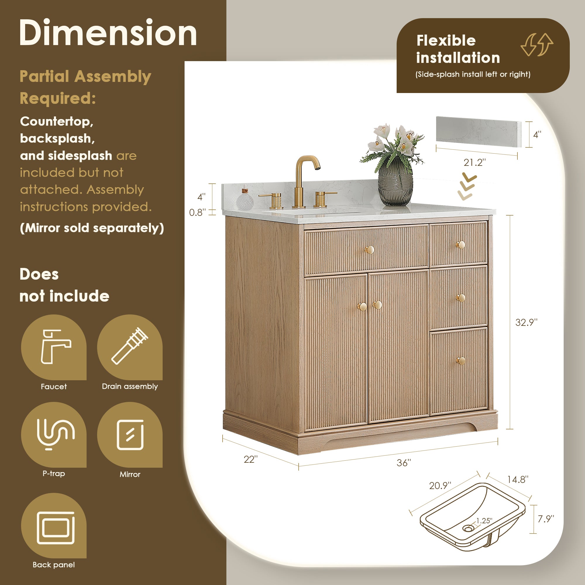 Barnett Bathroom Vanity in Natural Oak with Grain White Engineered Stone Countertop No Mirror