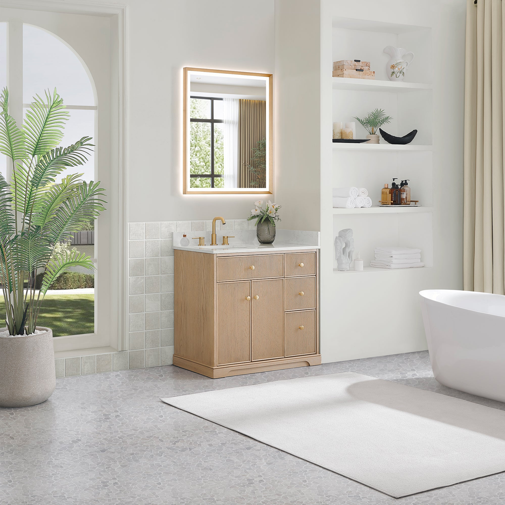 Barnett Bathroom Vanity in Natural Oak with Grain White Engineered Stone Countertop No Mirror