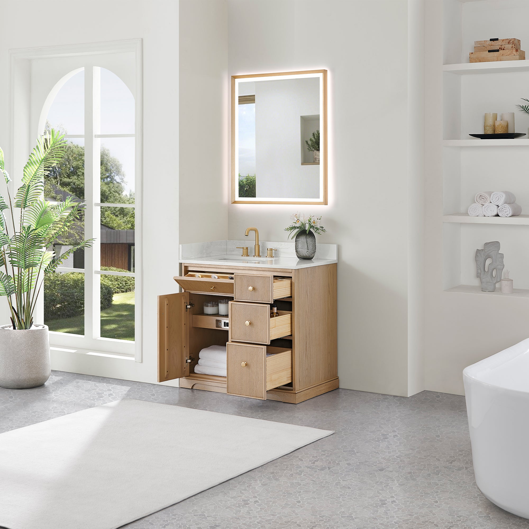 Barnett Bathroom Vanity in Natural Oak with Grain White Engineered Stone Countertop No Mirror