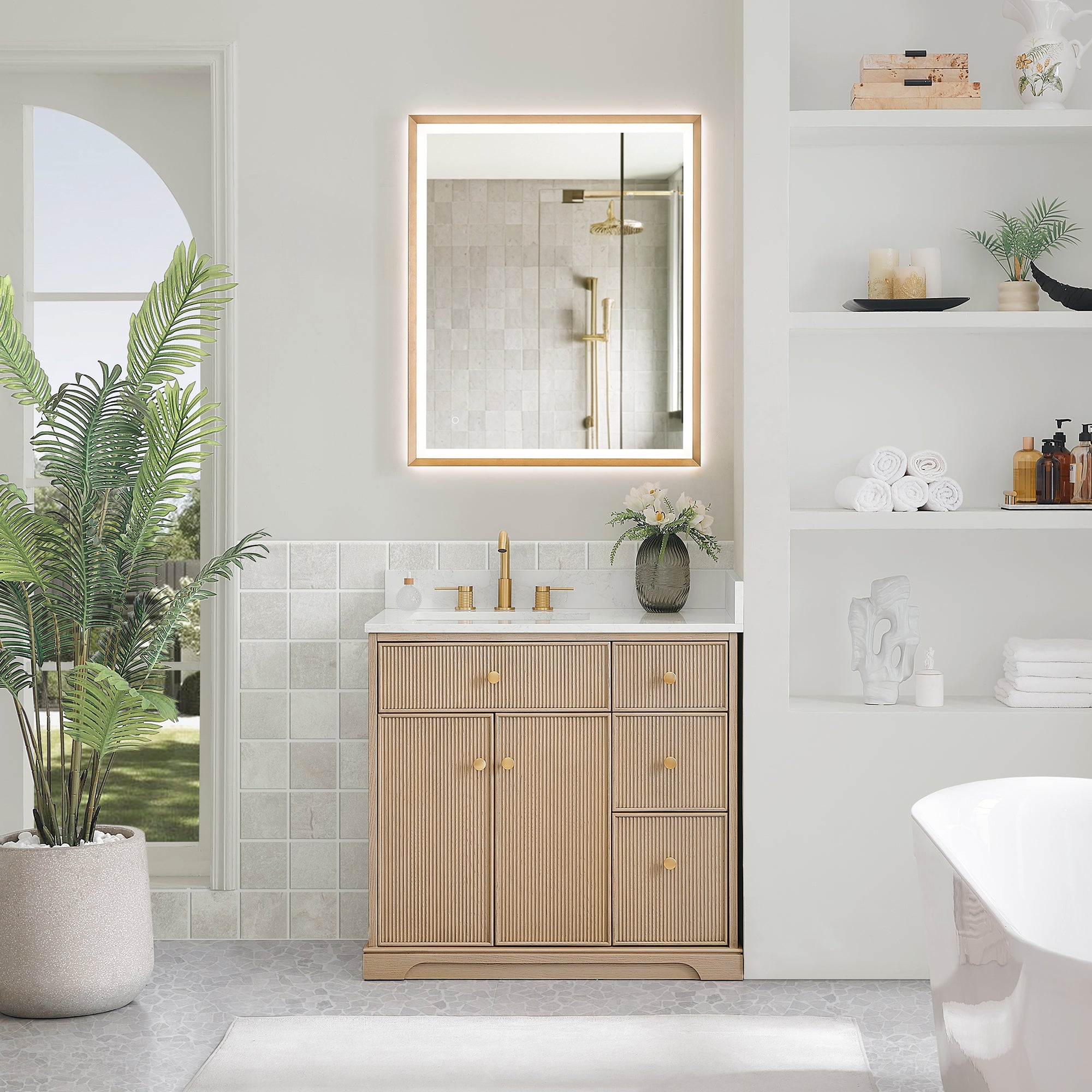 Barnett Bathroom Vanity in Natural Oak with Grain White Engineered Stone Countertop No Mirror