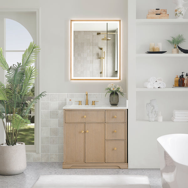Barnett Bathroom Vanity in Natural Oak with Grain White Engineered Stone Countertop No Mirror