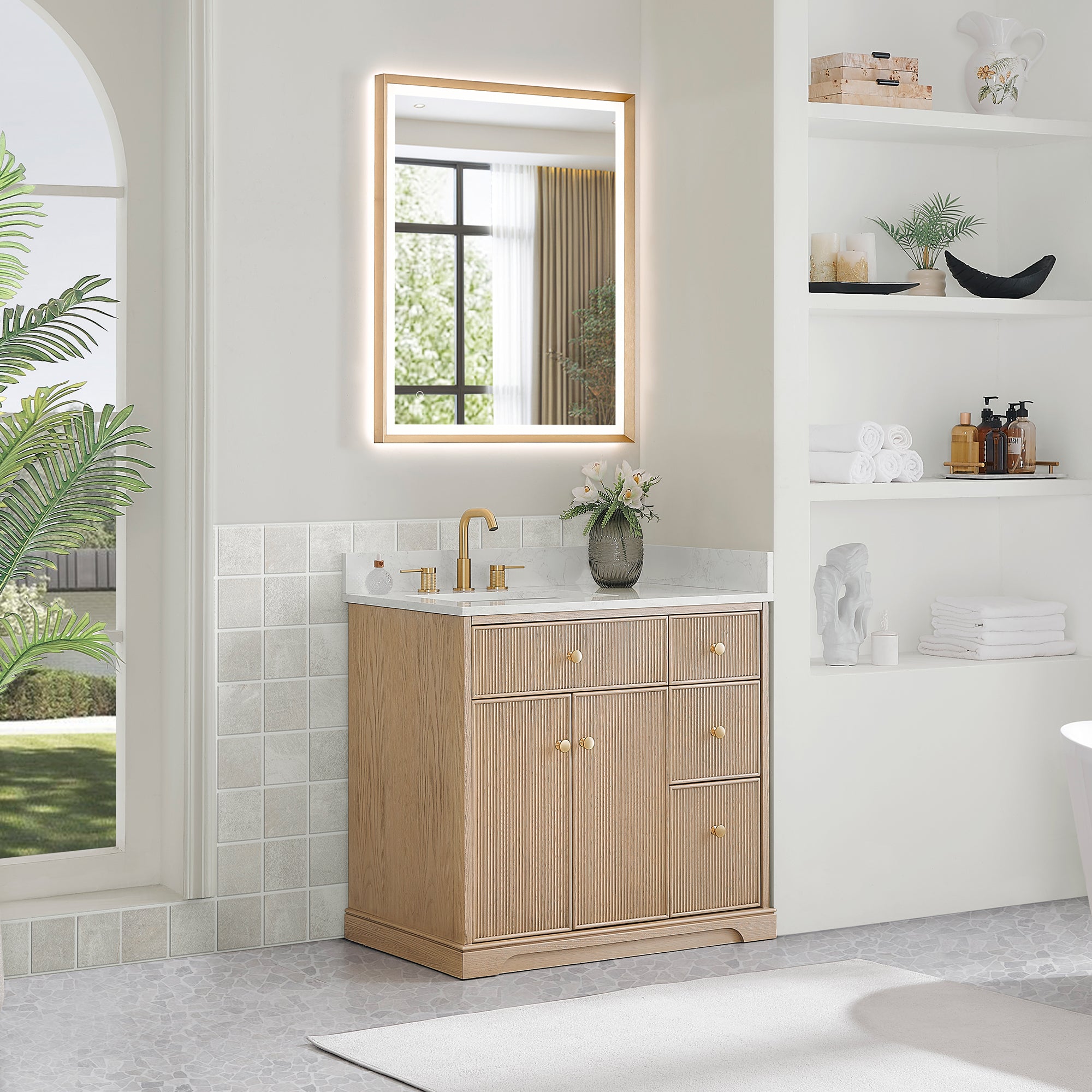 Barnett Bathroom Vanity in Natural Oak with Grain White Engineered Stone Countertop No Mirror