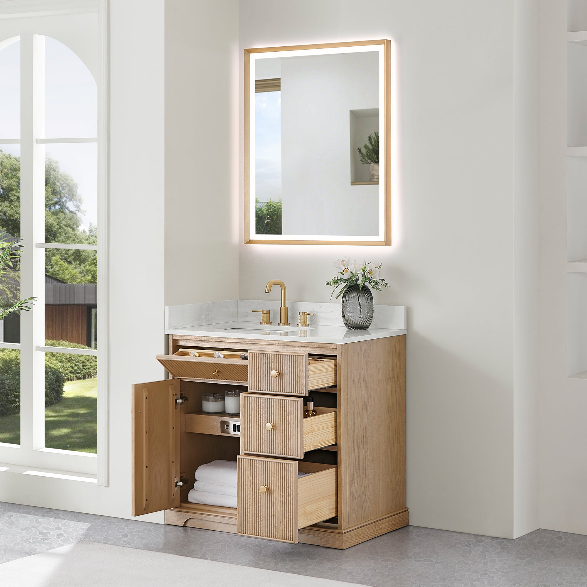 Barnett Bathroom Vanity in Natural Oak with Grain White Engineered Stone Countertop No Mirror