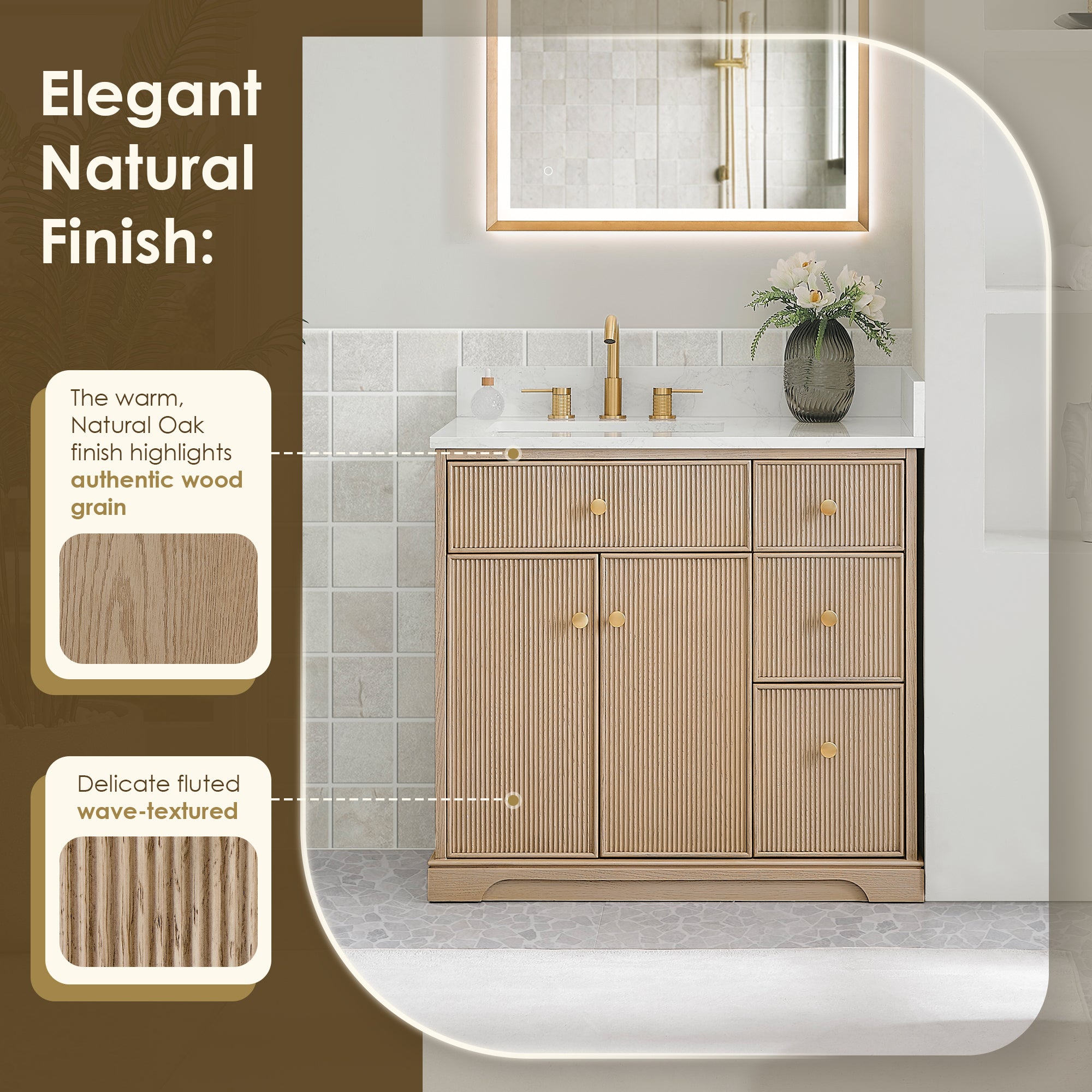 Barnett Bathroom Vanity in Natural Oak with Grain White Engineered Stone Countertop No Mirror