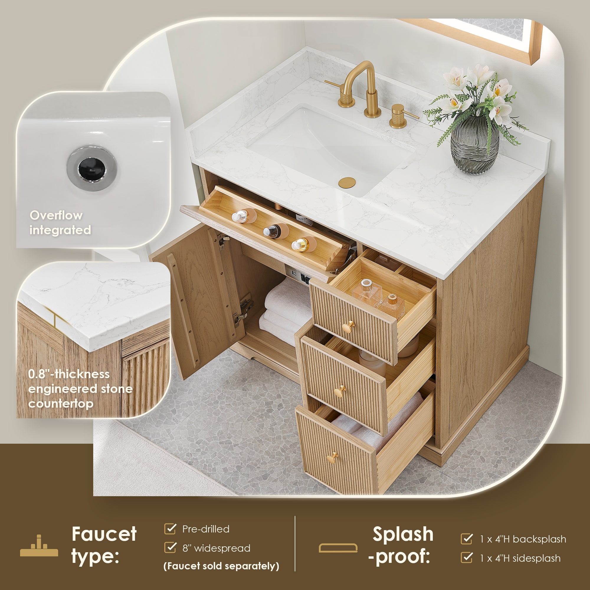 Barnett Bathroom Vanity in Natural Oak with Grain White Engineered Stone Countertop No Mirror