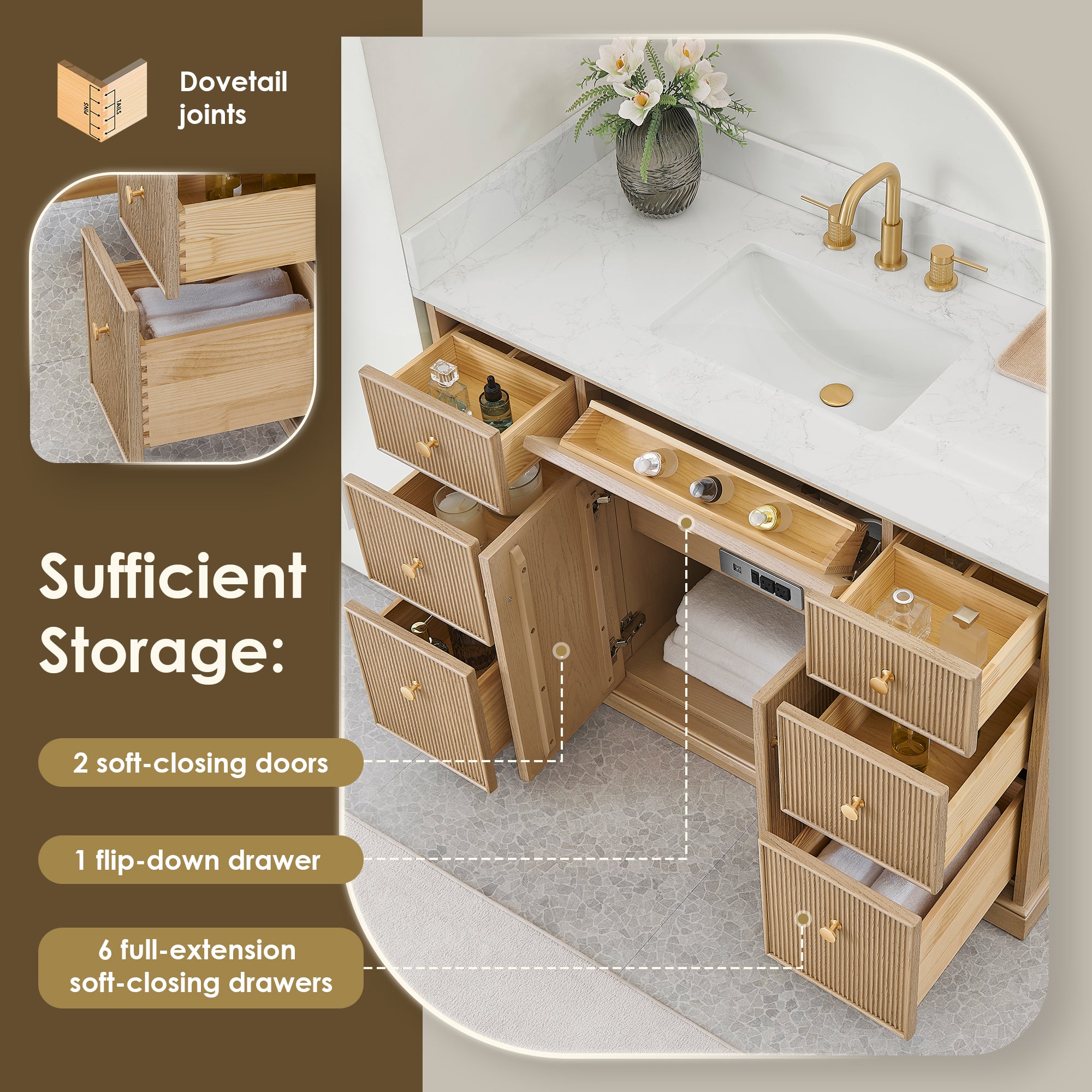 Barnett Bathroom Vanity in Natural Oak with Grain White Engineered Stone Countertop No Mirror