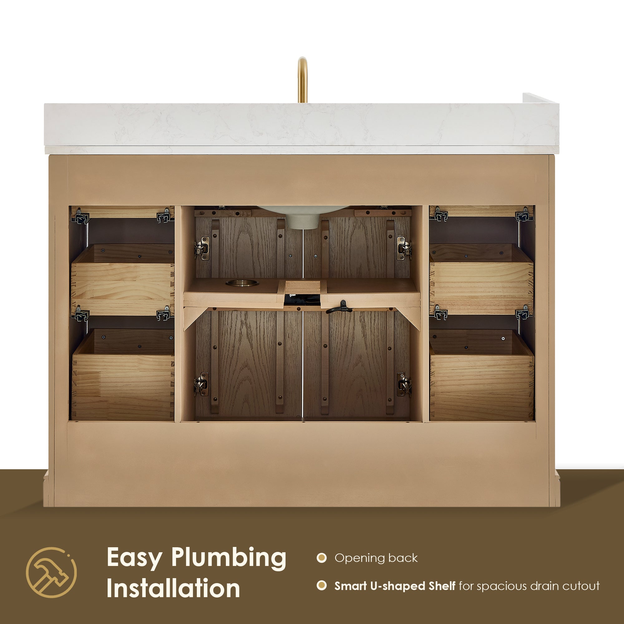 Barnett Bathroom Vanity in Natural Oak with Grain White Engineered Stone Countertop No Mirror