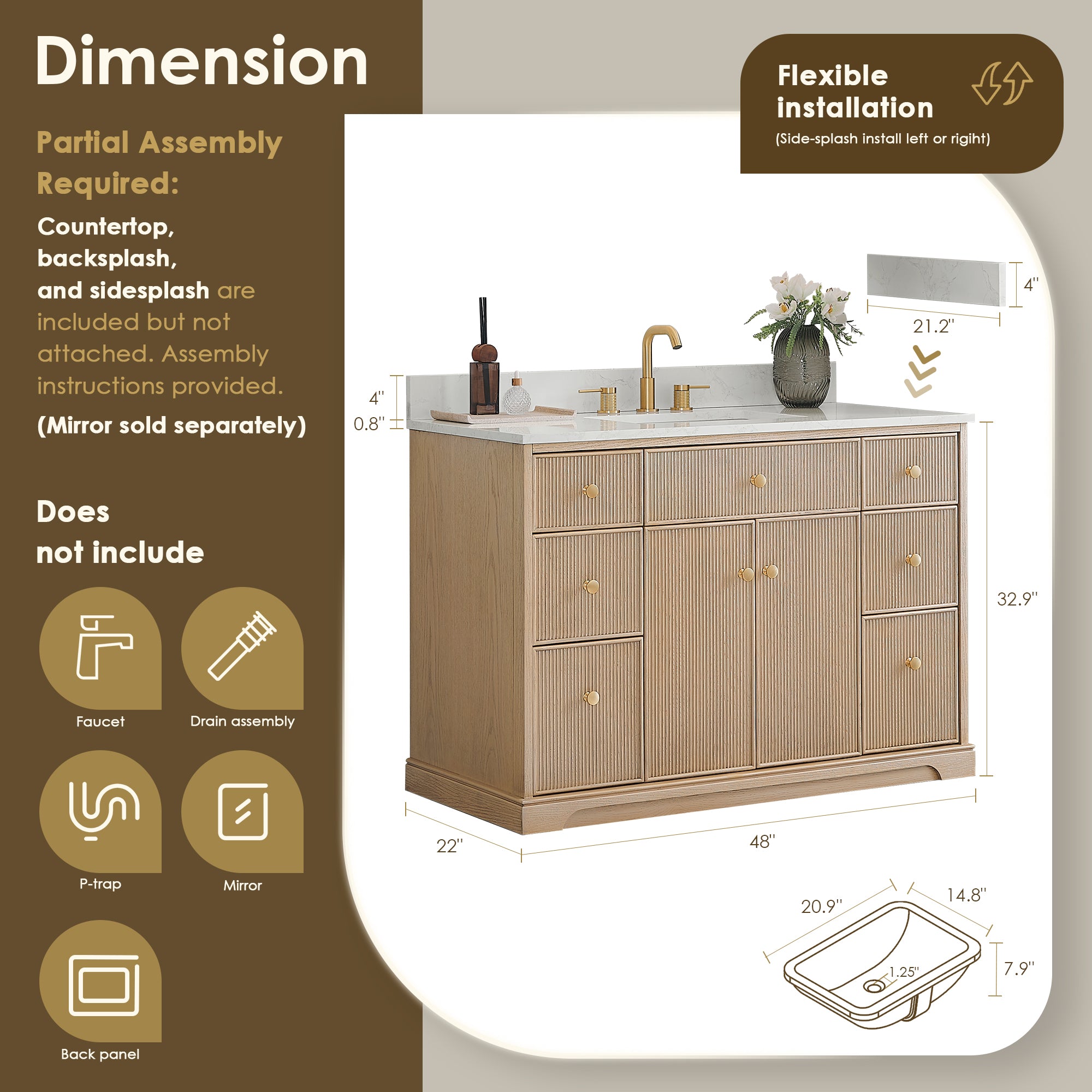 Barnett Bathroom Vanity in Natural Oak with Grain White Engineered Stone Countertop No Mirror