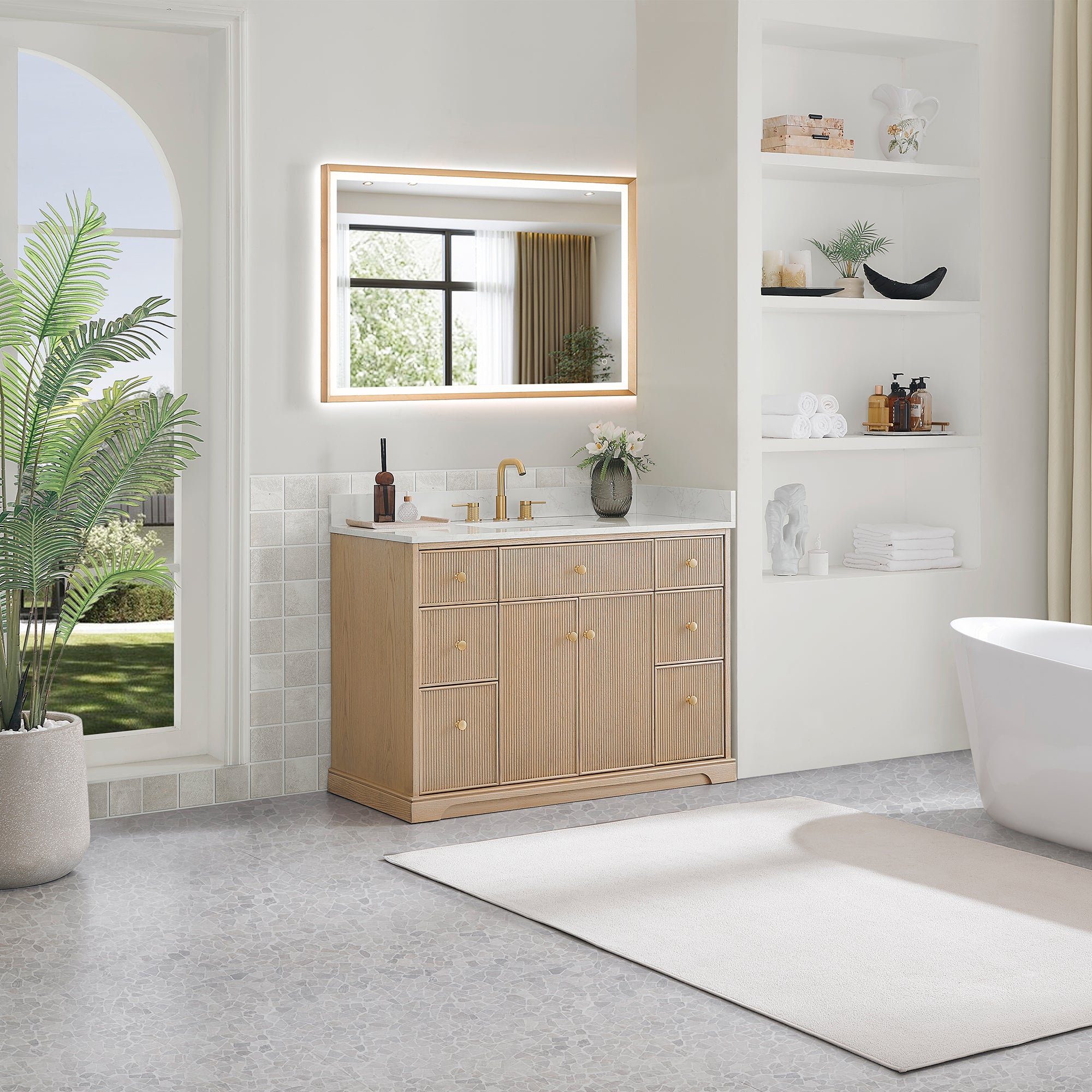 Barnett Bathroom Vanity in Natural Oak with Grain White Engineered Stone Countertop No Mirror