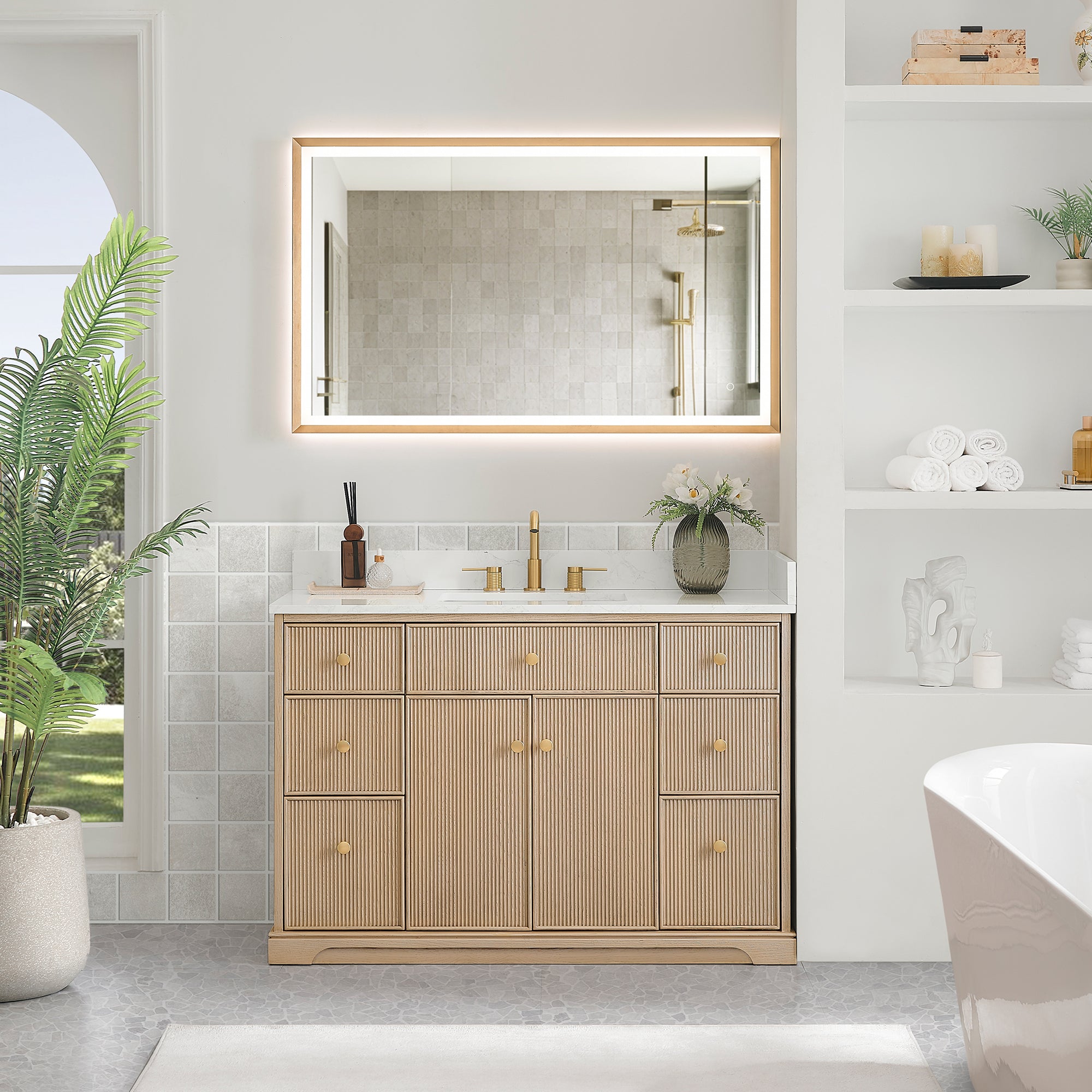 Barnett Bathroom Vanity in Natural Oak with Grain White Engineered Stone Countertop No Mirror