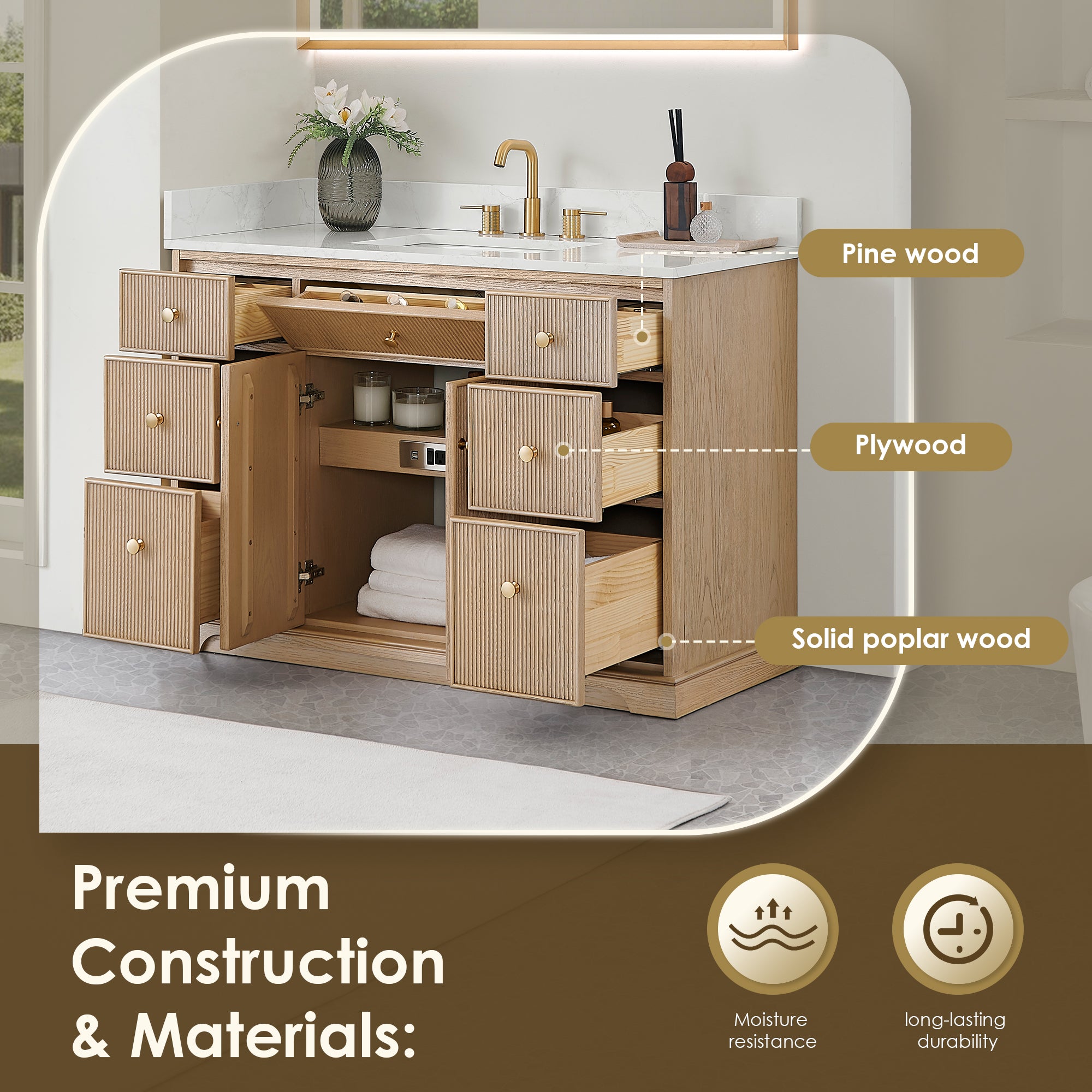 Barnett Bathroom Vanity in Natural Oak with Grain White Engineered Stone Countertop No Mirror